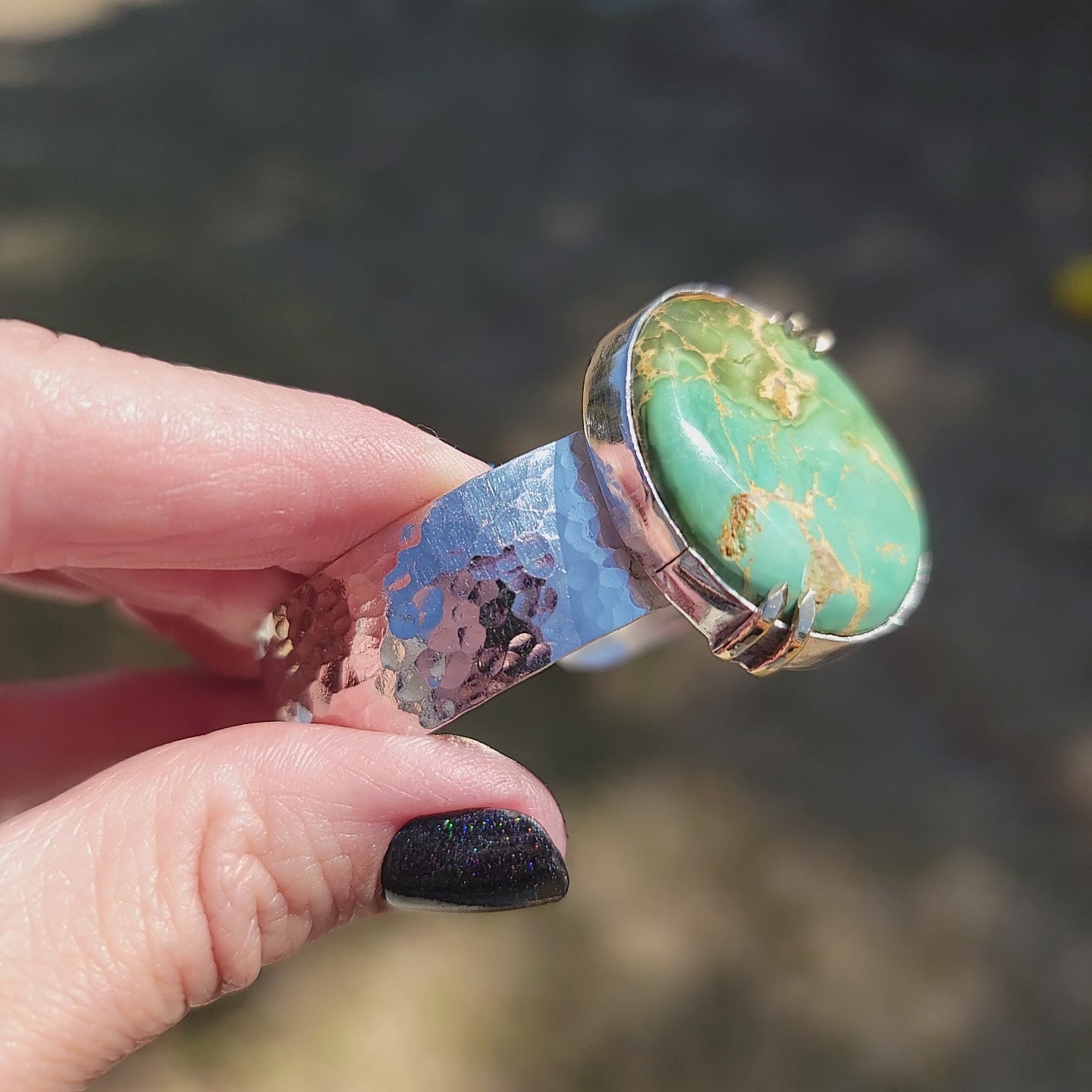 Royston Turquoise Cuff with wide Hammered Sterling Band