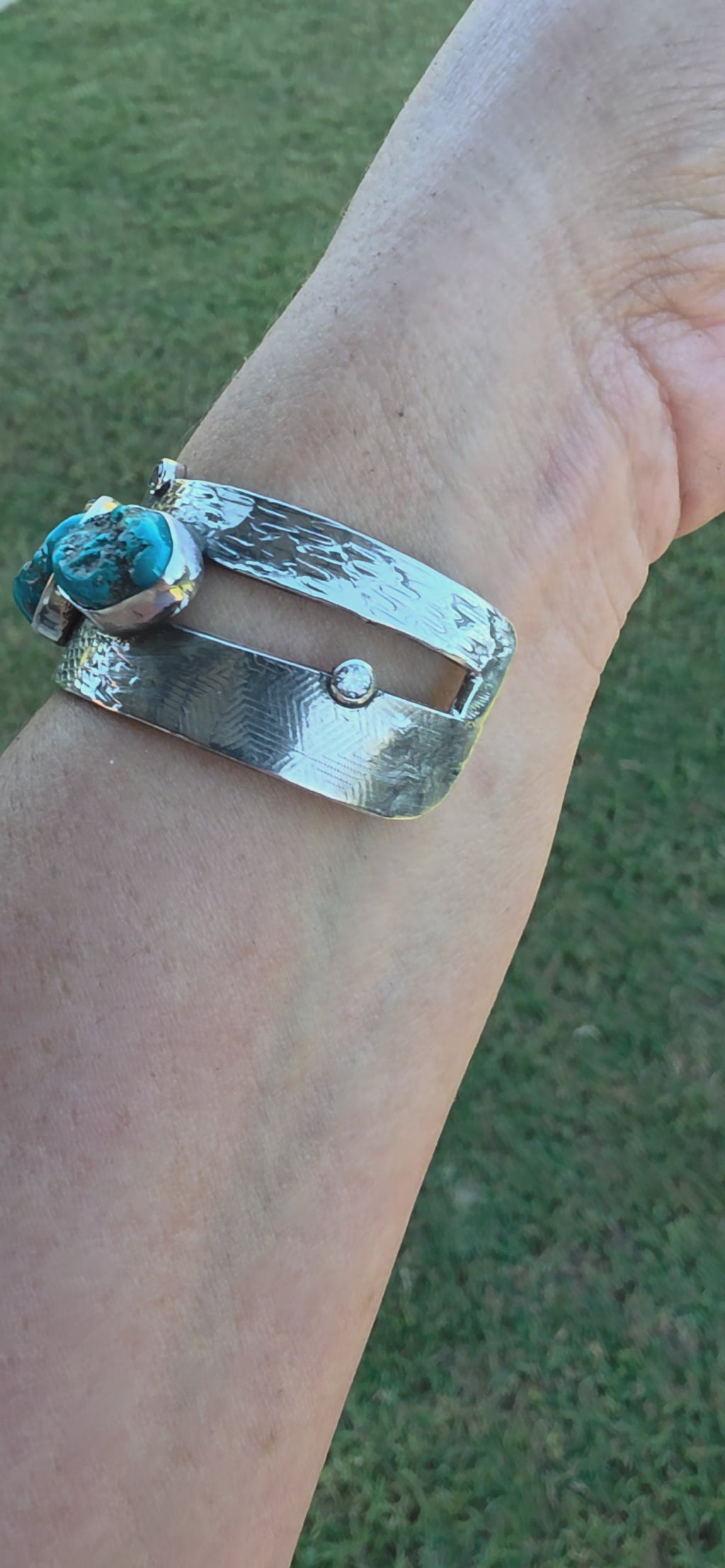 Natural Nugget Cut Turquoise, CZ and Hand Textured Sterling Cuff