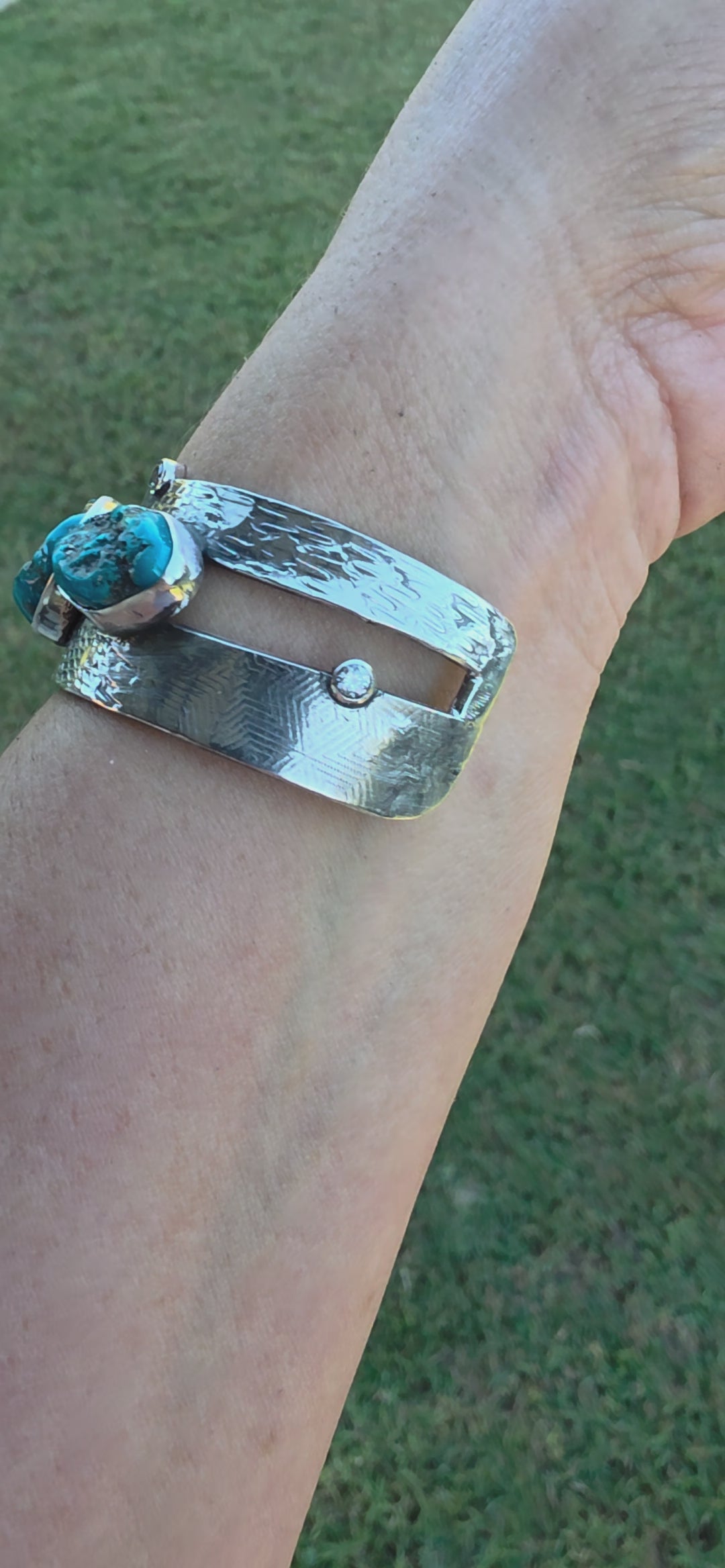 Natural Nugget Cut Turquoise, CZ and Hand Textured Sterling Cuff