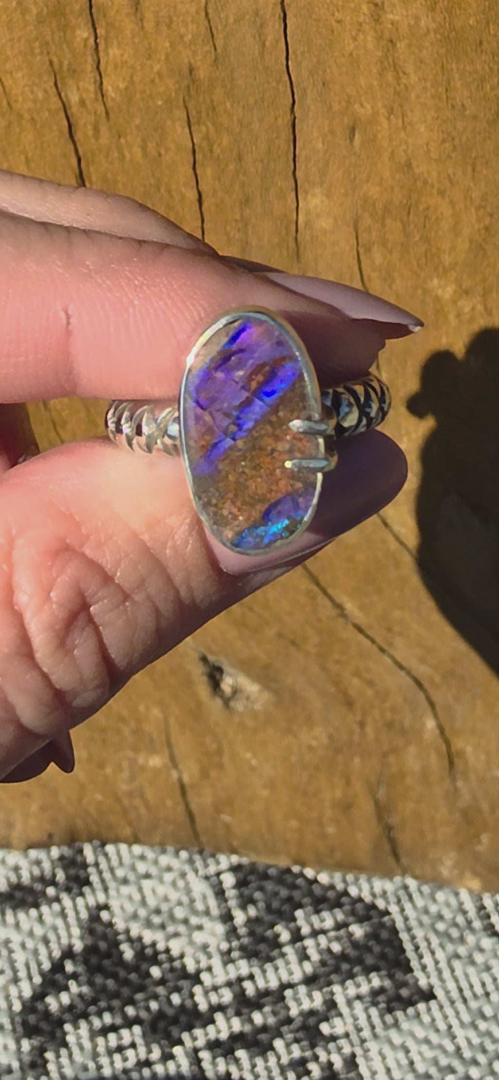Sz. 8 Australian Boulder Opal and Stamped Band Ring