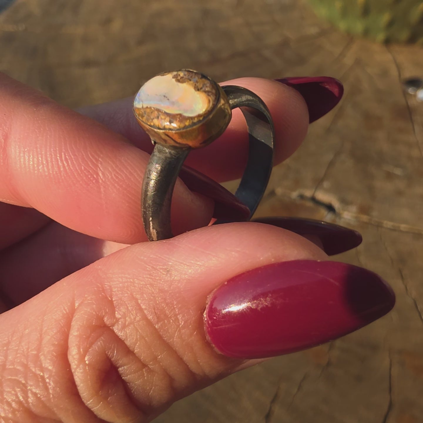 Sz 9.75 Australian Boulder Opal Nand Blackened Sterling Stacker with 14GF Bezel