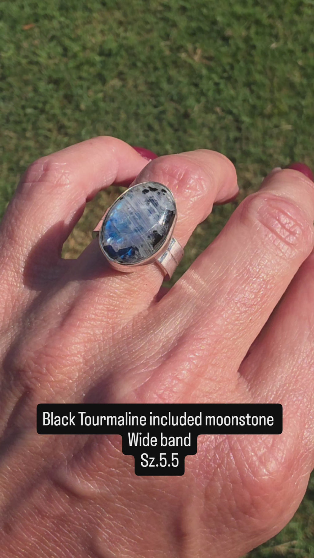 Black  Tourmaline Included Moonstone Ring-Size 5.5