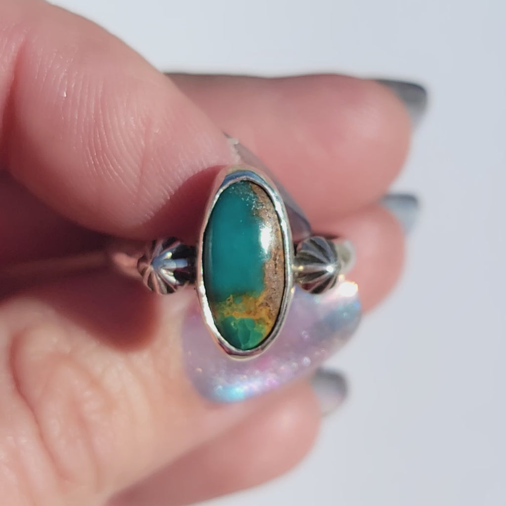 Sz. 8.25  Royston Turquoise and Stamped Details Sterling Ring