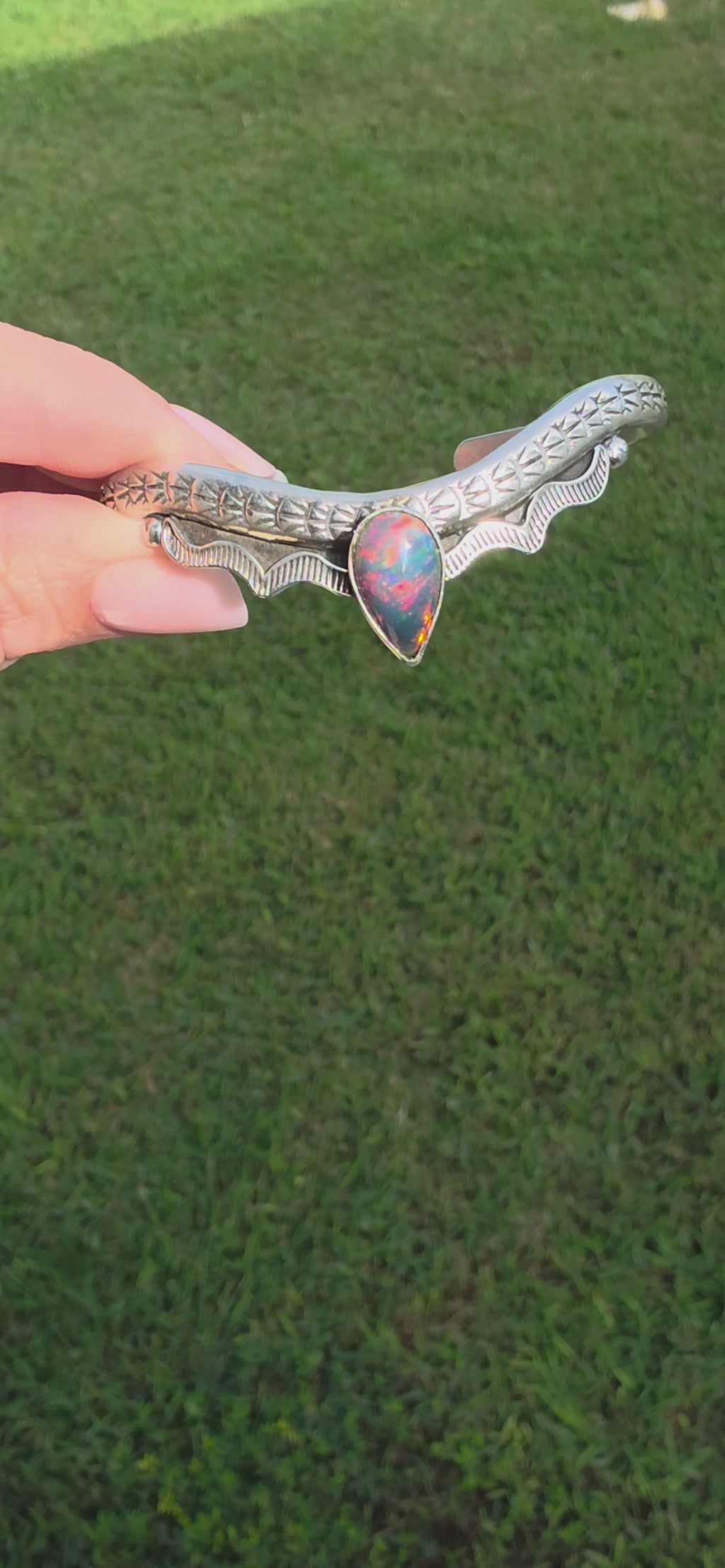 Ethiopian Opal Stamped Sterling Drop Cuff