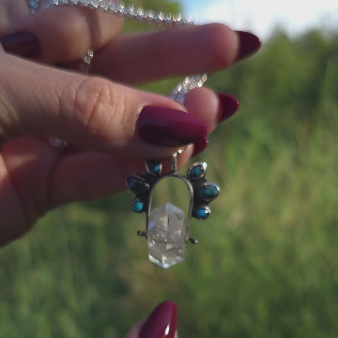 Herkimer Diamond,  old stock Morenci Turquoise Spinner Pendant Necklace