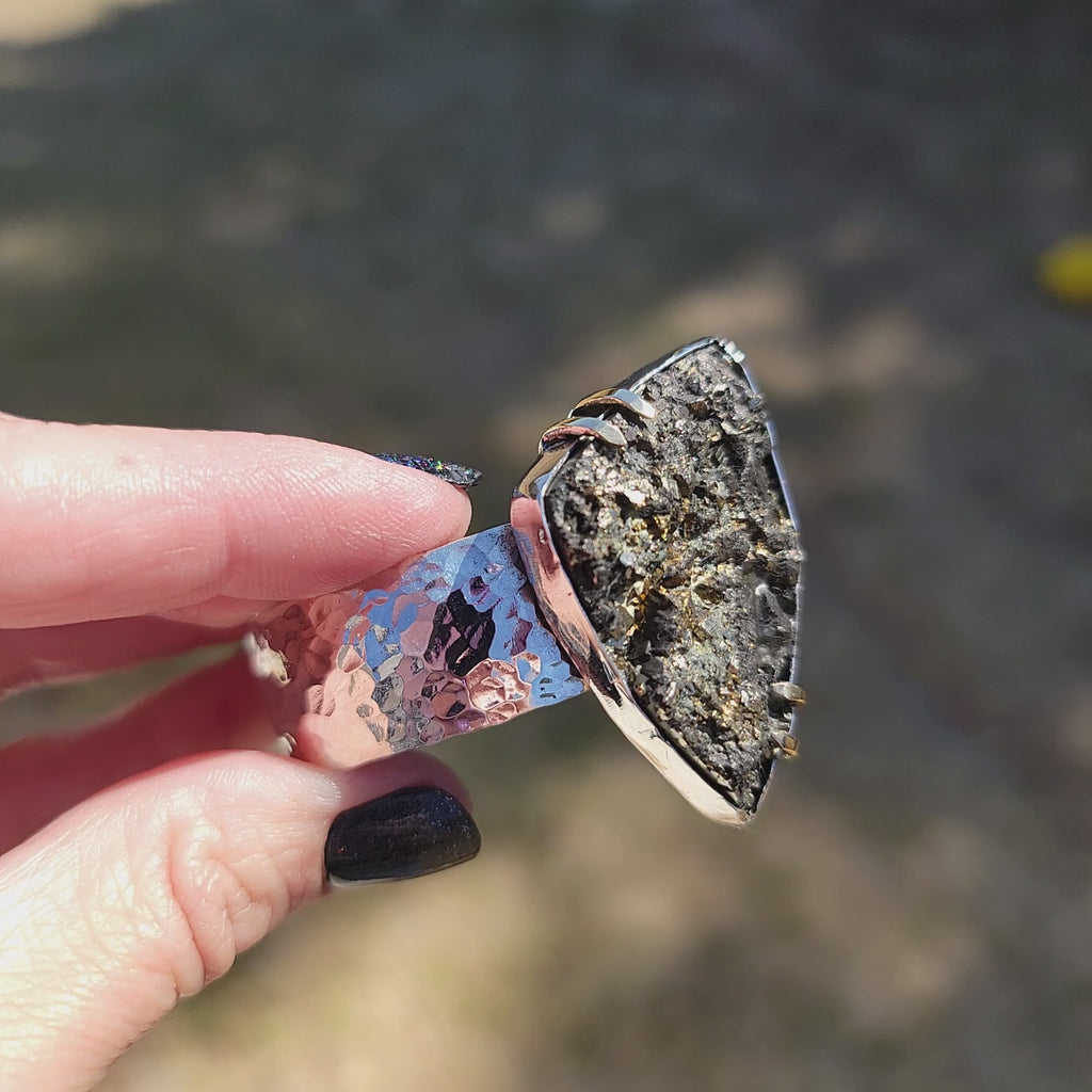 Pyrite Druzy Cabochon with wide Hammered Sterling Band