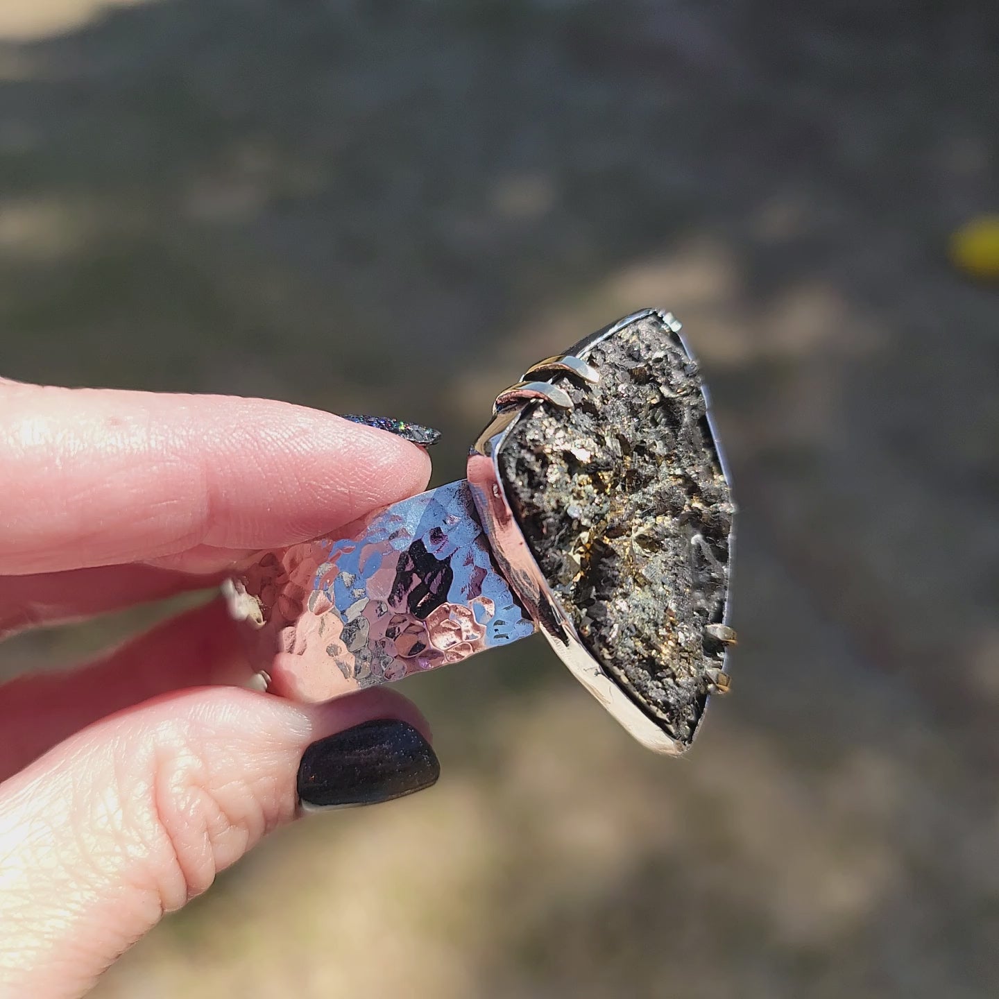 Pyrite Druzy Cabochon with wide Hammered Sterling Band