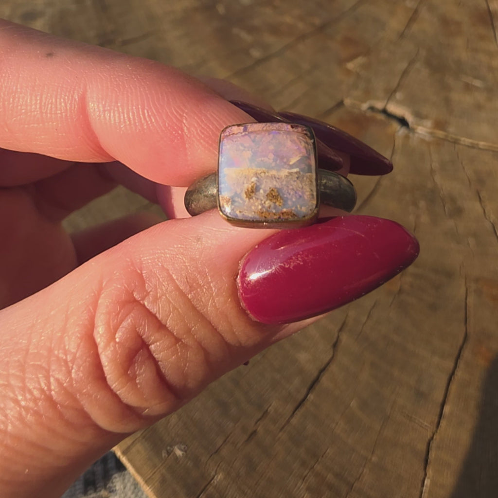 Sz 5.75 Australian Boulder Opal and Blackened Sterling Stacker with 14GF Bezel