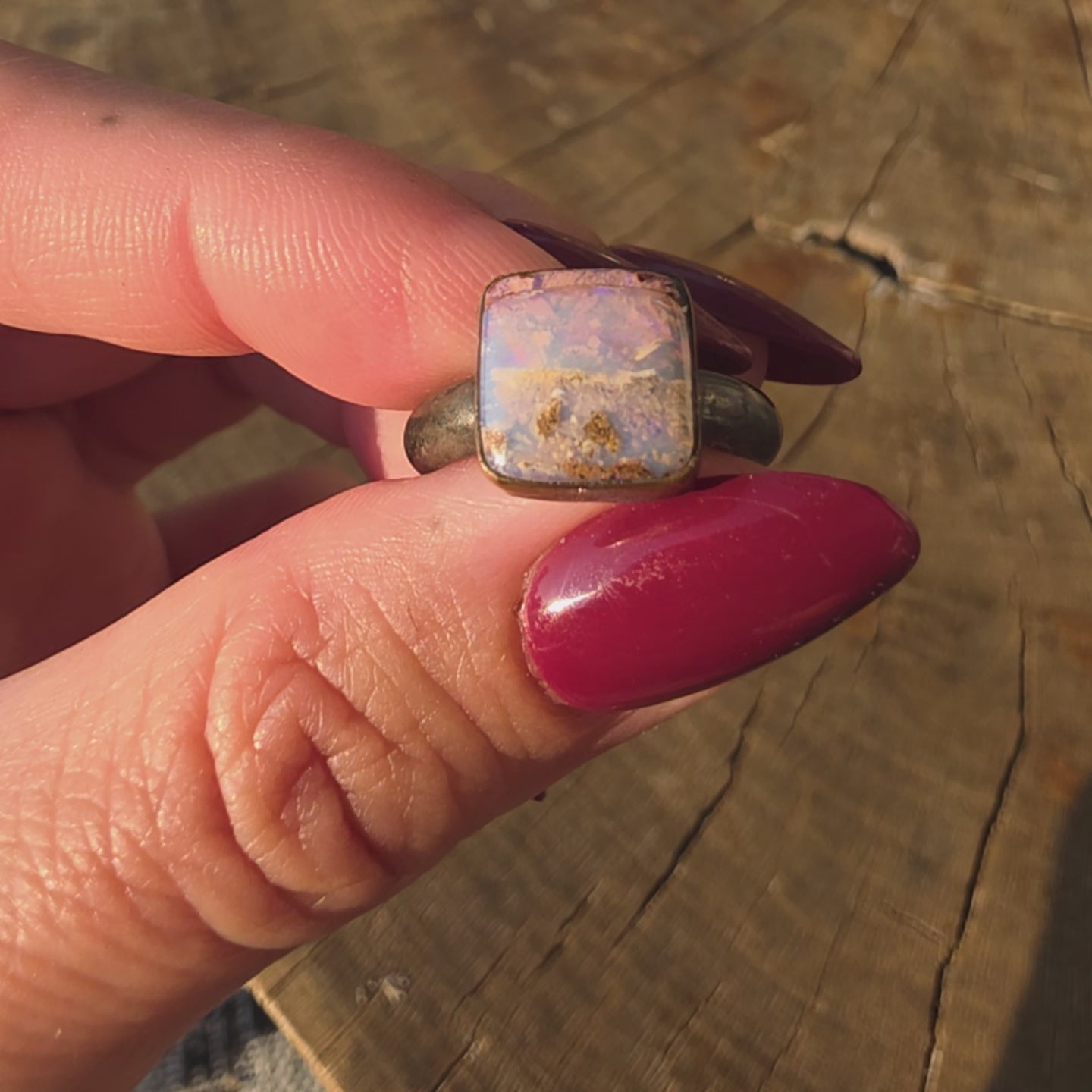 Sz 5.75 Australian Boulder Opal and Blackened Sterling Stacker with 14GF Bezel