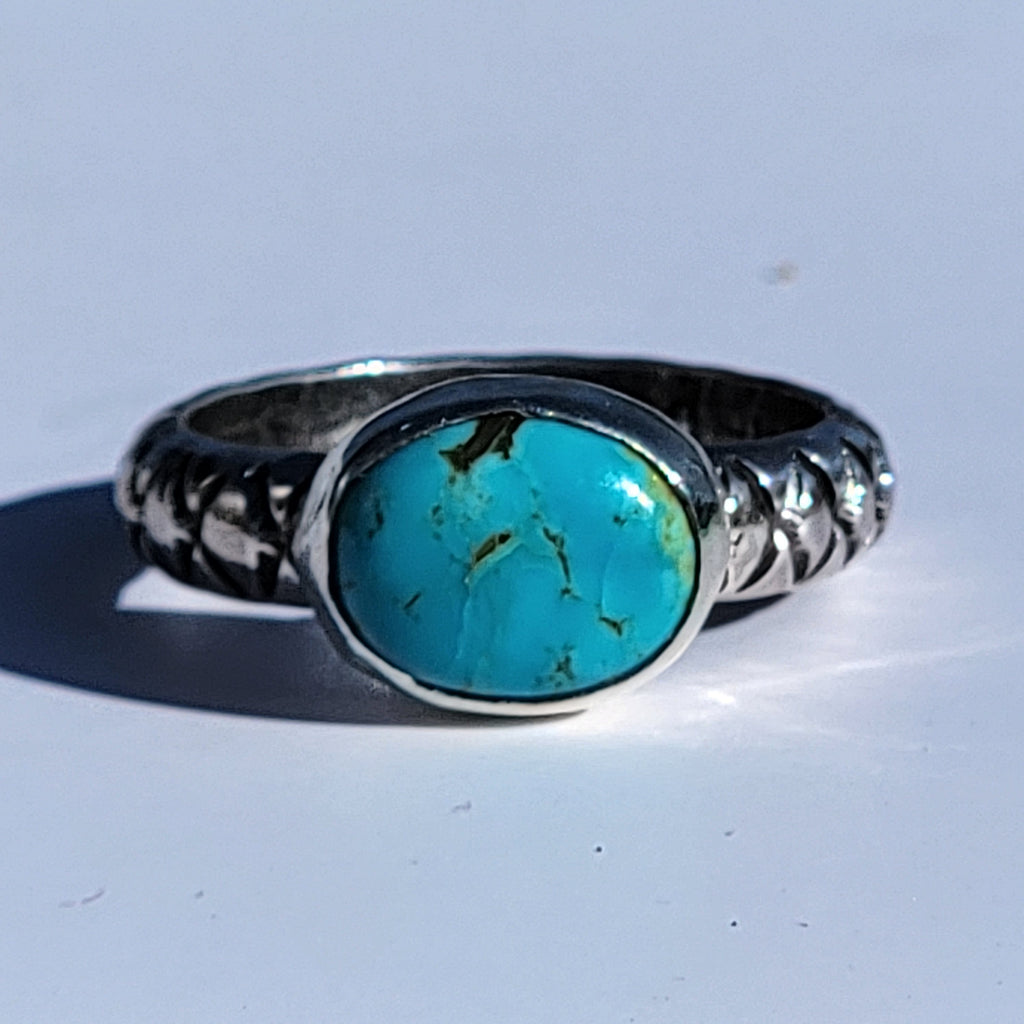 Sz. 6.5  Royston Turquoise and Stamped Details Sterling Ring
