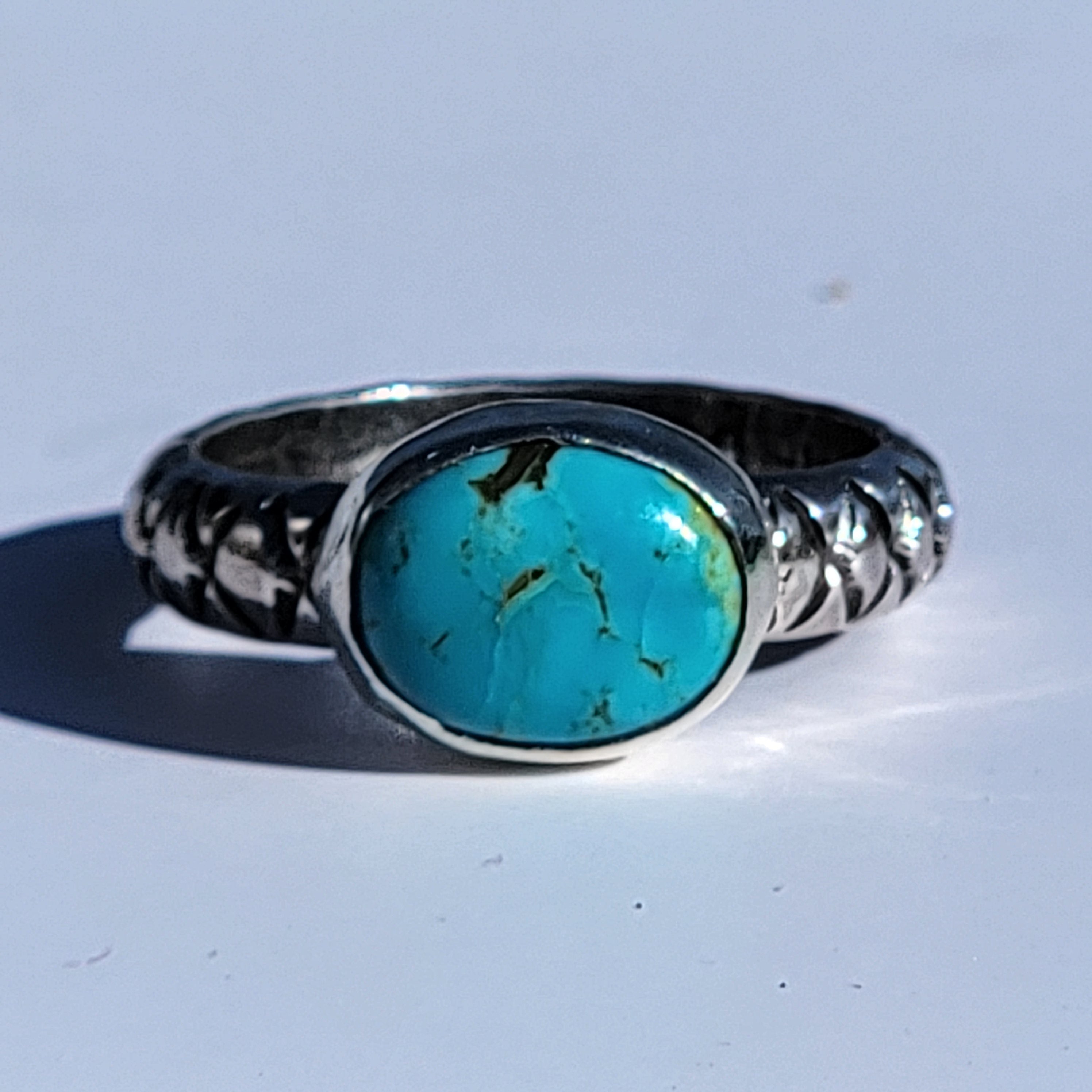 Sz. 6.5  Royston Turquoise and Stamped Details Sterling Ring