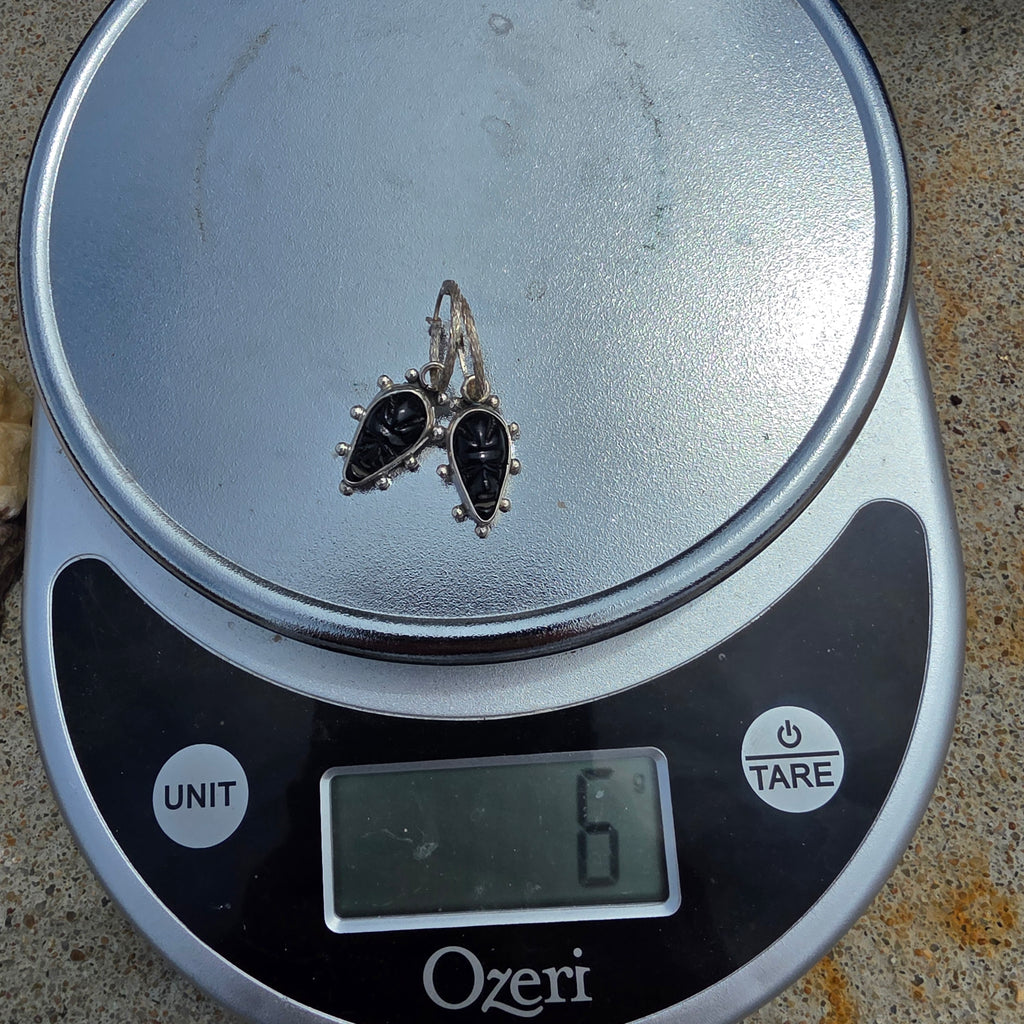 Carved Onyx Mask charm earrings with Bead details