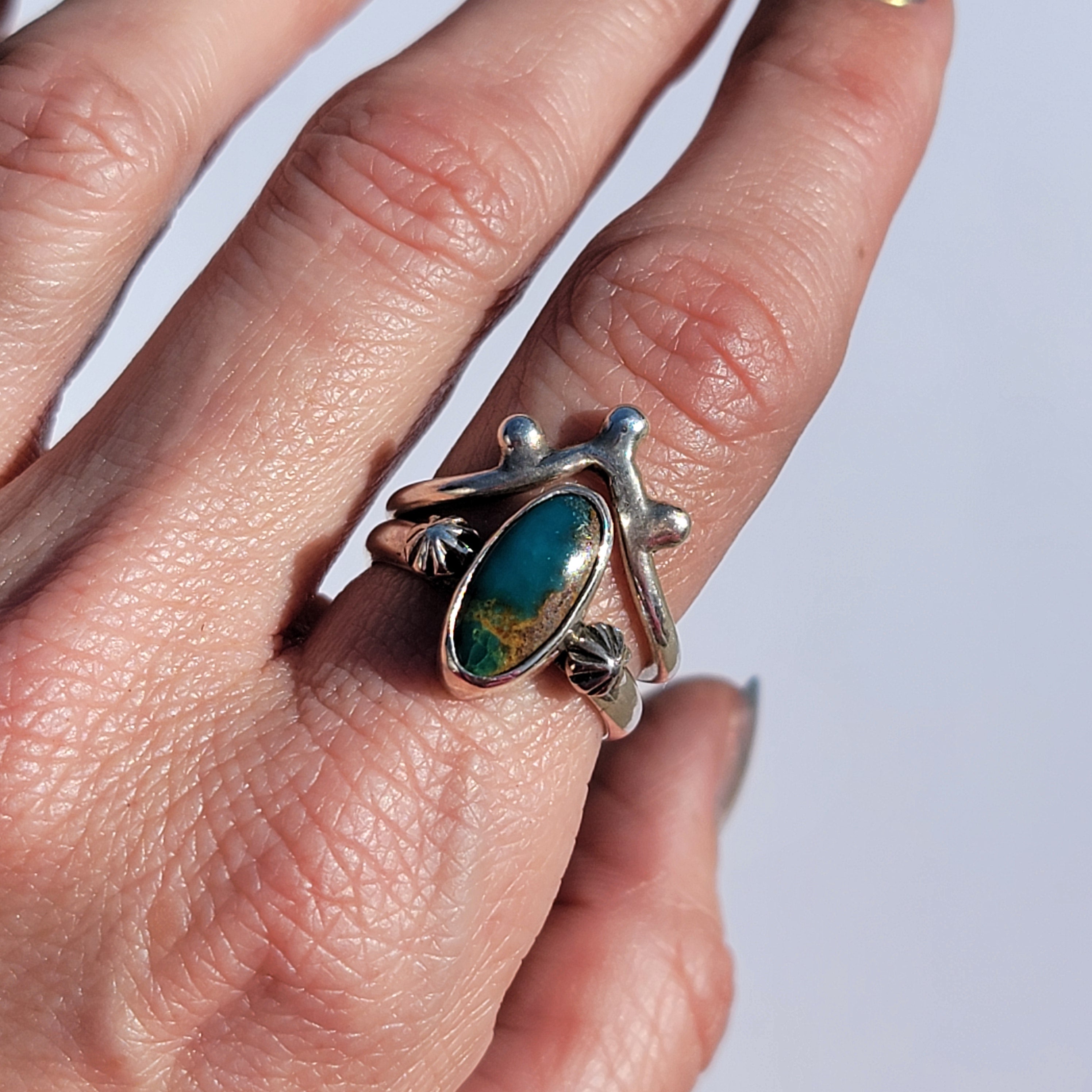 Sz. 8.25  Royston Turquoise and Stamped Details Sterling Ring