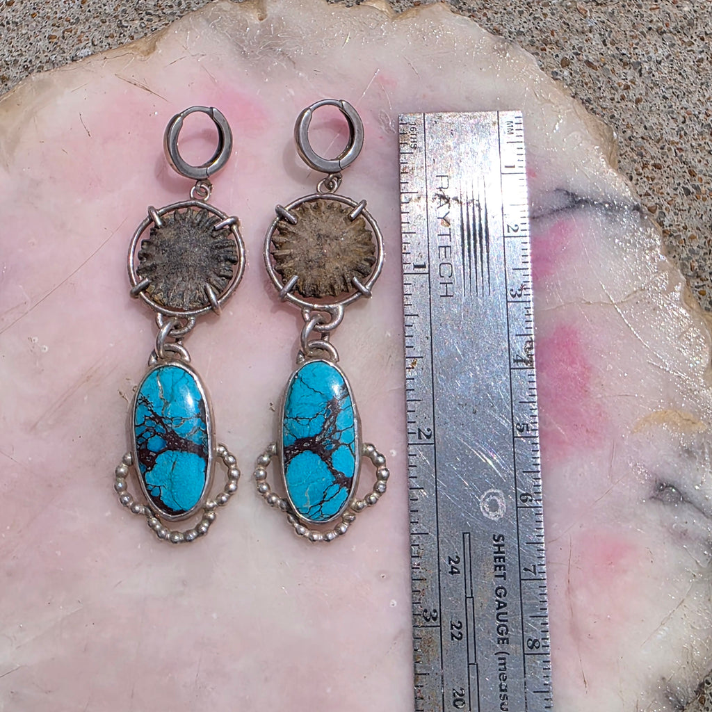 Turquoise and Fossil Sterling Dangle Earrings