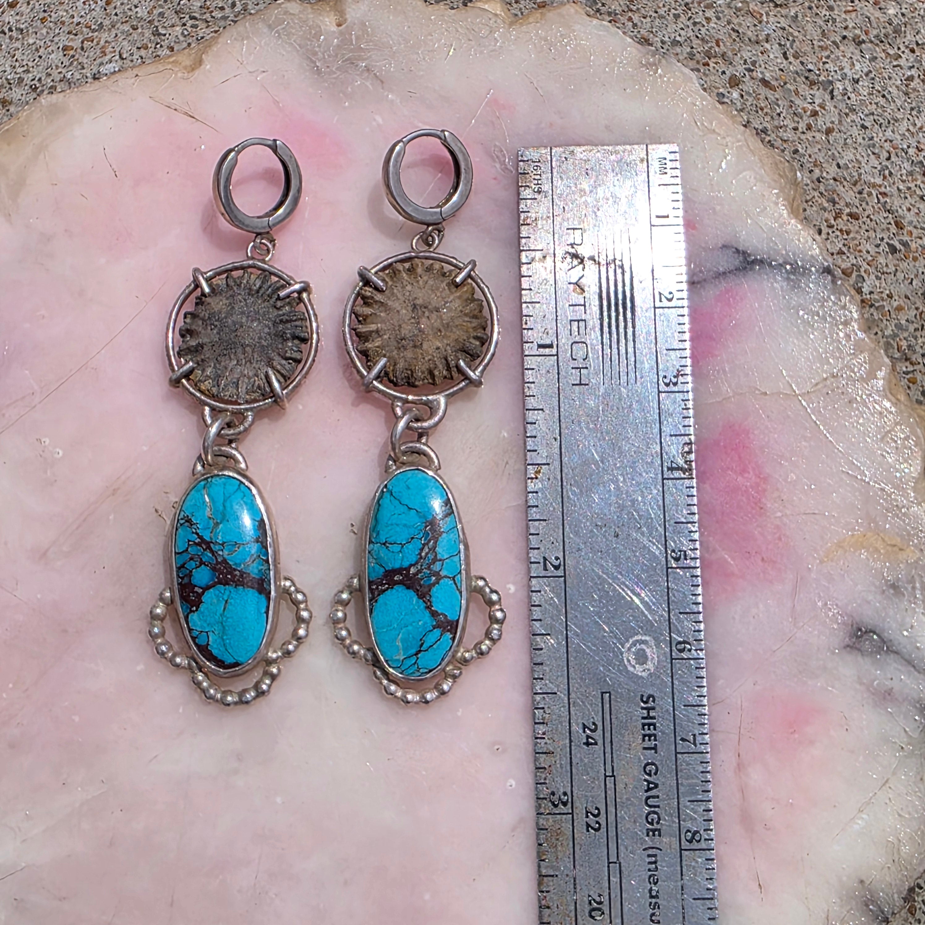 Turquoise and Fossil Sterling Dangle Earrings
