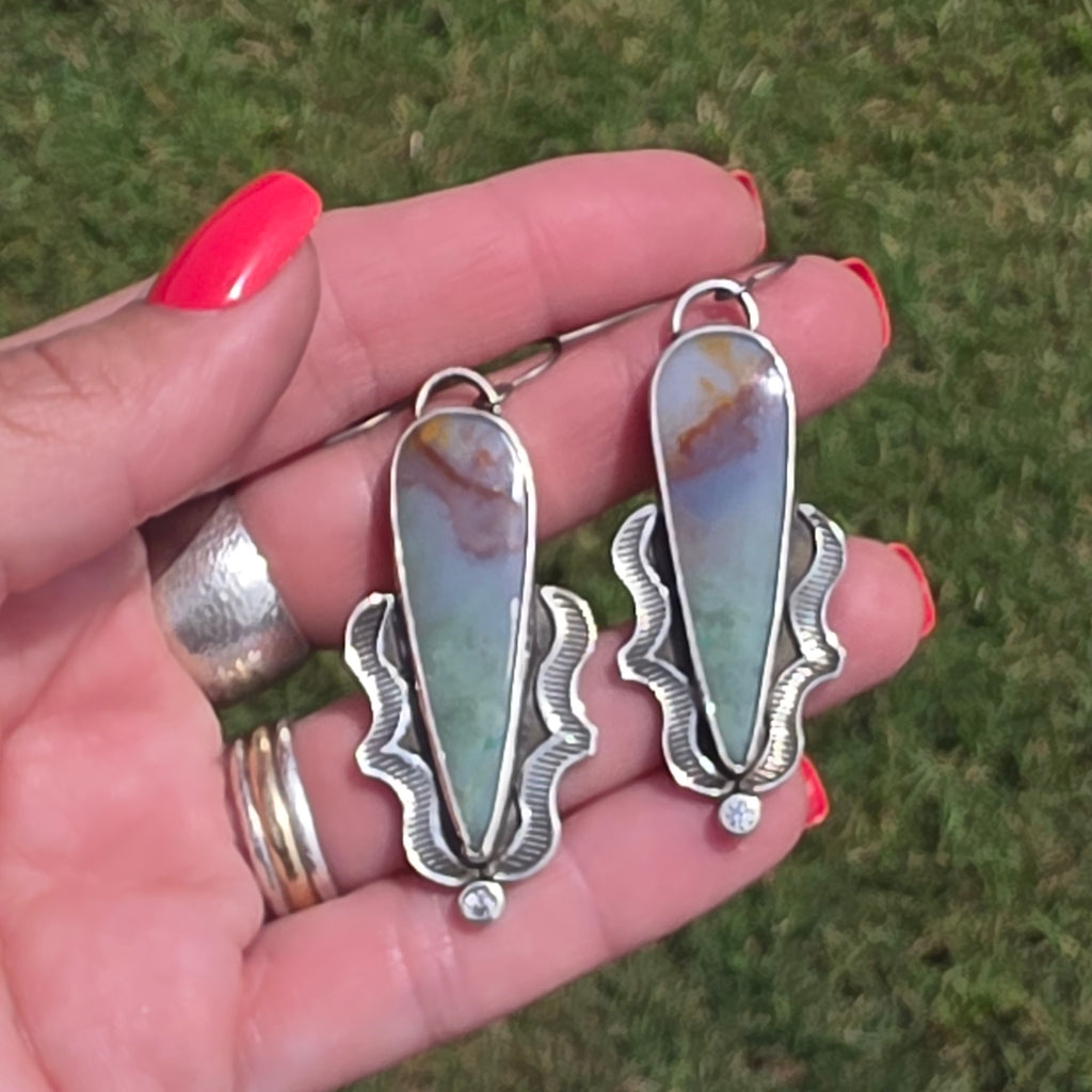 Blue Opalized Wood and Sterling Earrings