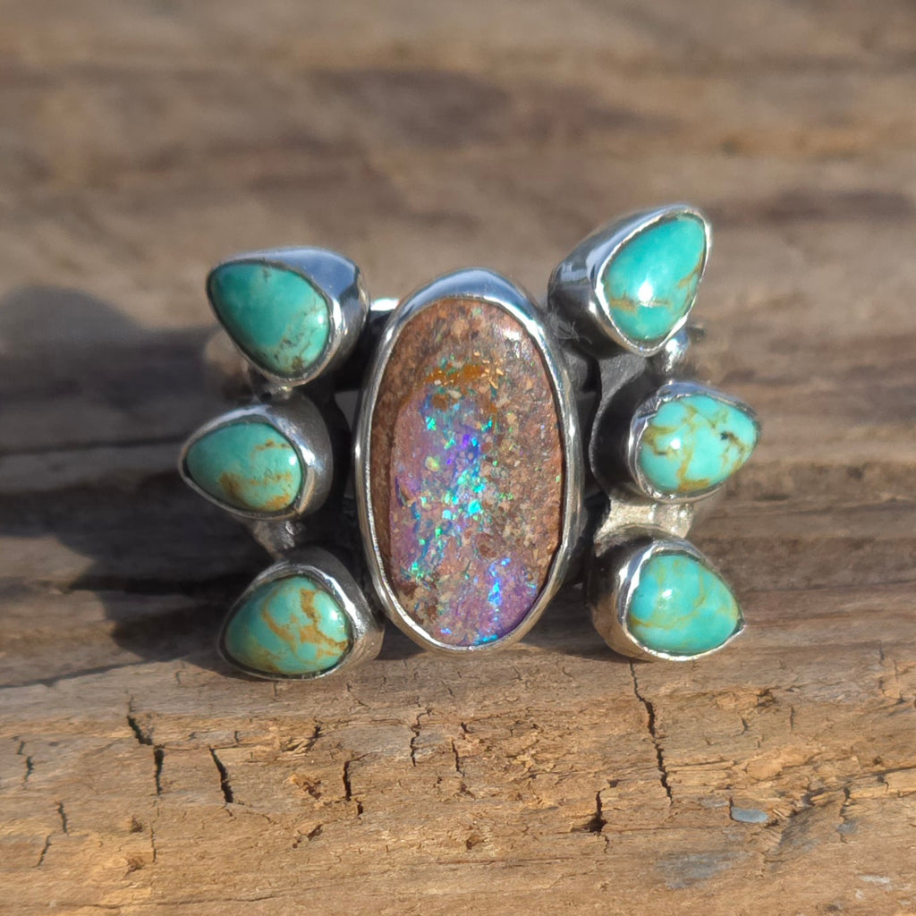 Sz. 7.5 Australian Opal and Royston Turquoise Ring