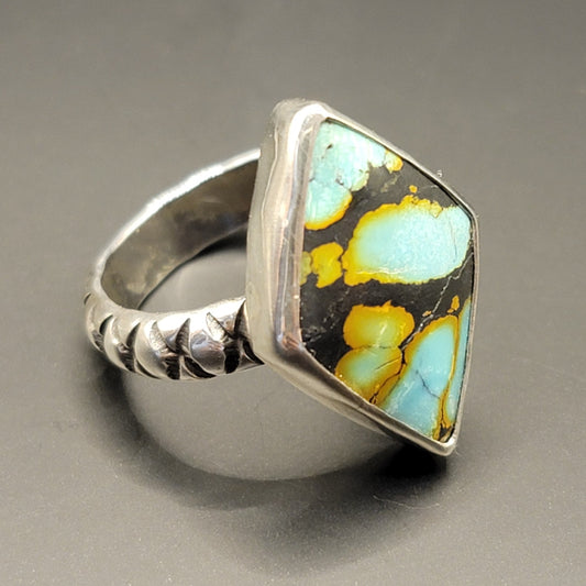 Sz. 6 Treasure Mountain Turquoise and Stamped Band Ring