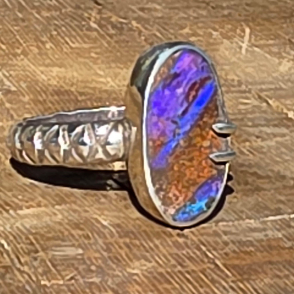 Sz. 8 Australian Boulder Opal and Stamped Band Ring