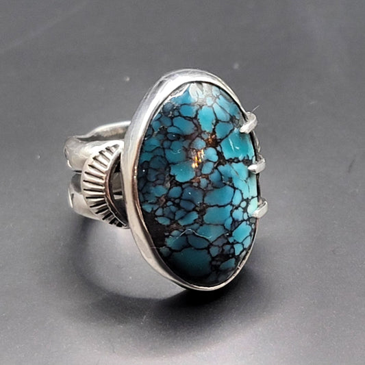 Sz. 6.25 Hubei Turquoise and Wide Double Stamped Band Ring