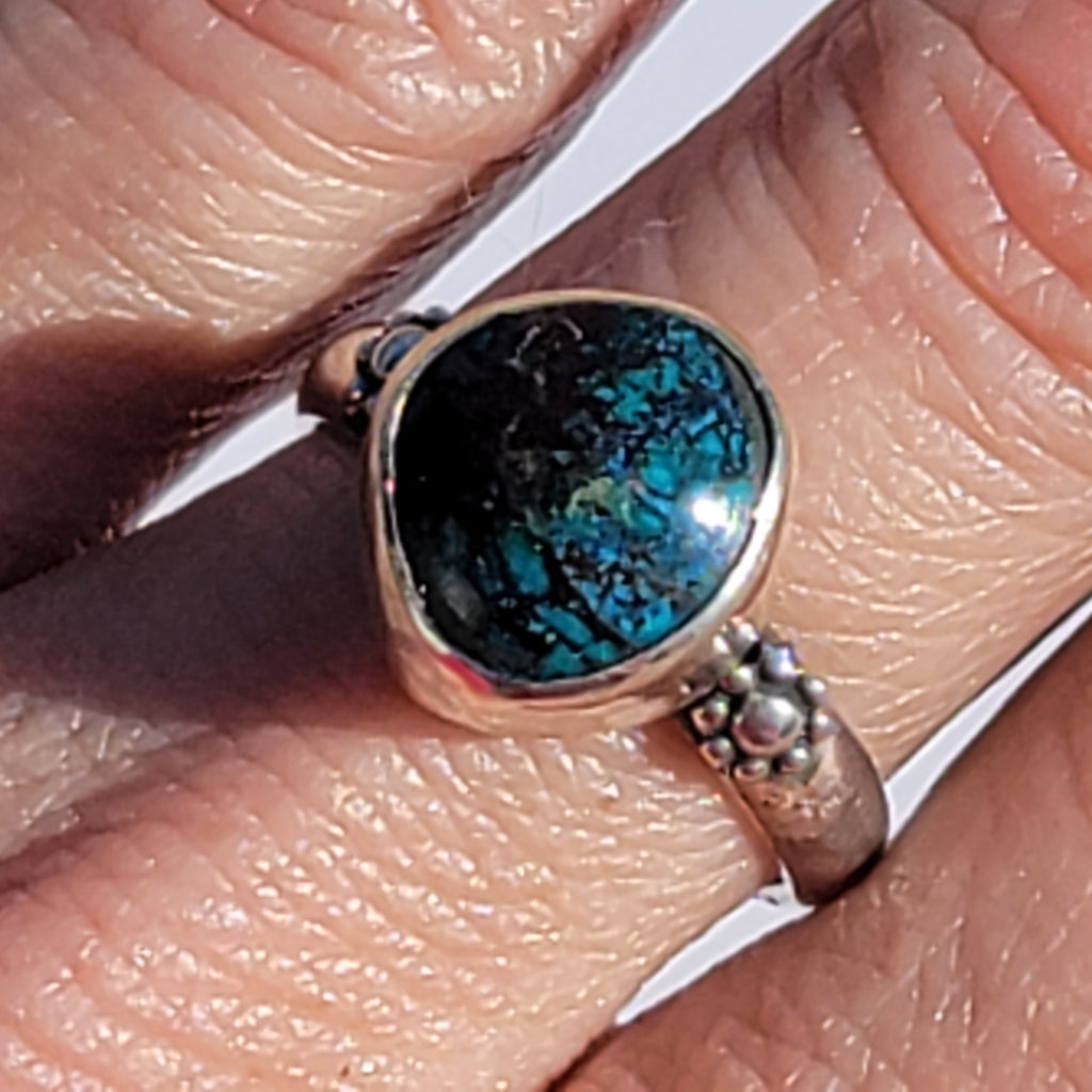 Sz. 8.75 Bisbee Turquoise and Stamped Details Sterling Ring