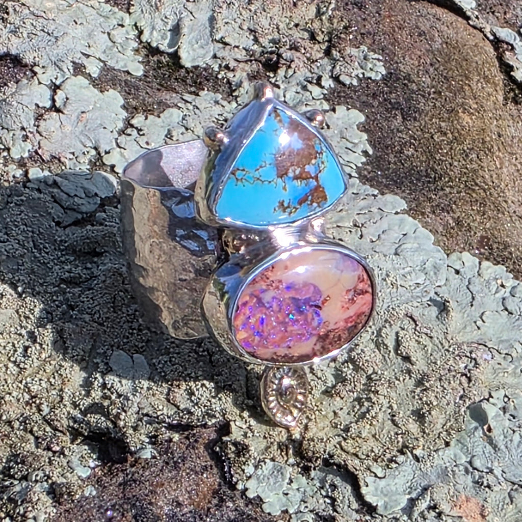 Sz. 6 Australian Boulder Opal and Golden Hills Turquoise Ring