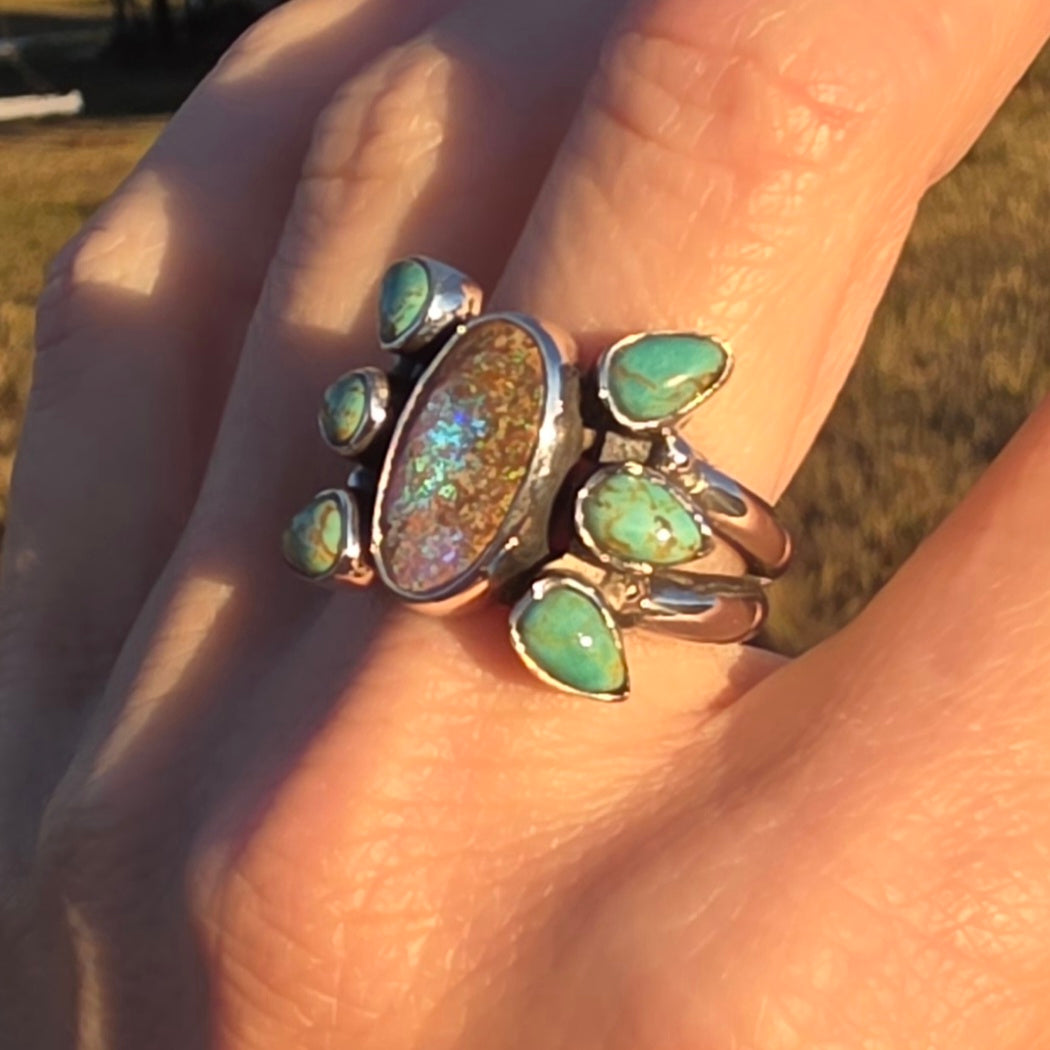 Sz. 7.5 Australian Opal and Royston Turquoise Ring