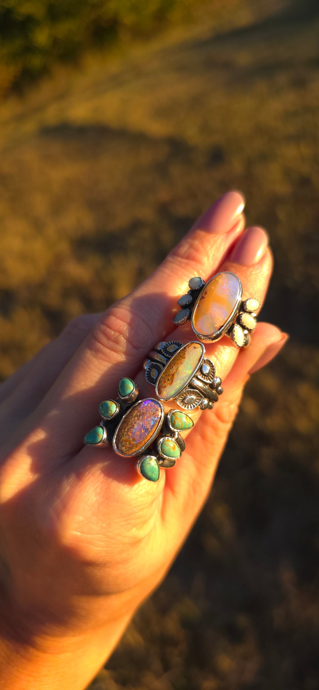 Sz. 7.5 Australian Opal Ring with Unique Handmade Stamped Band