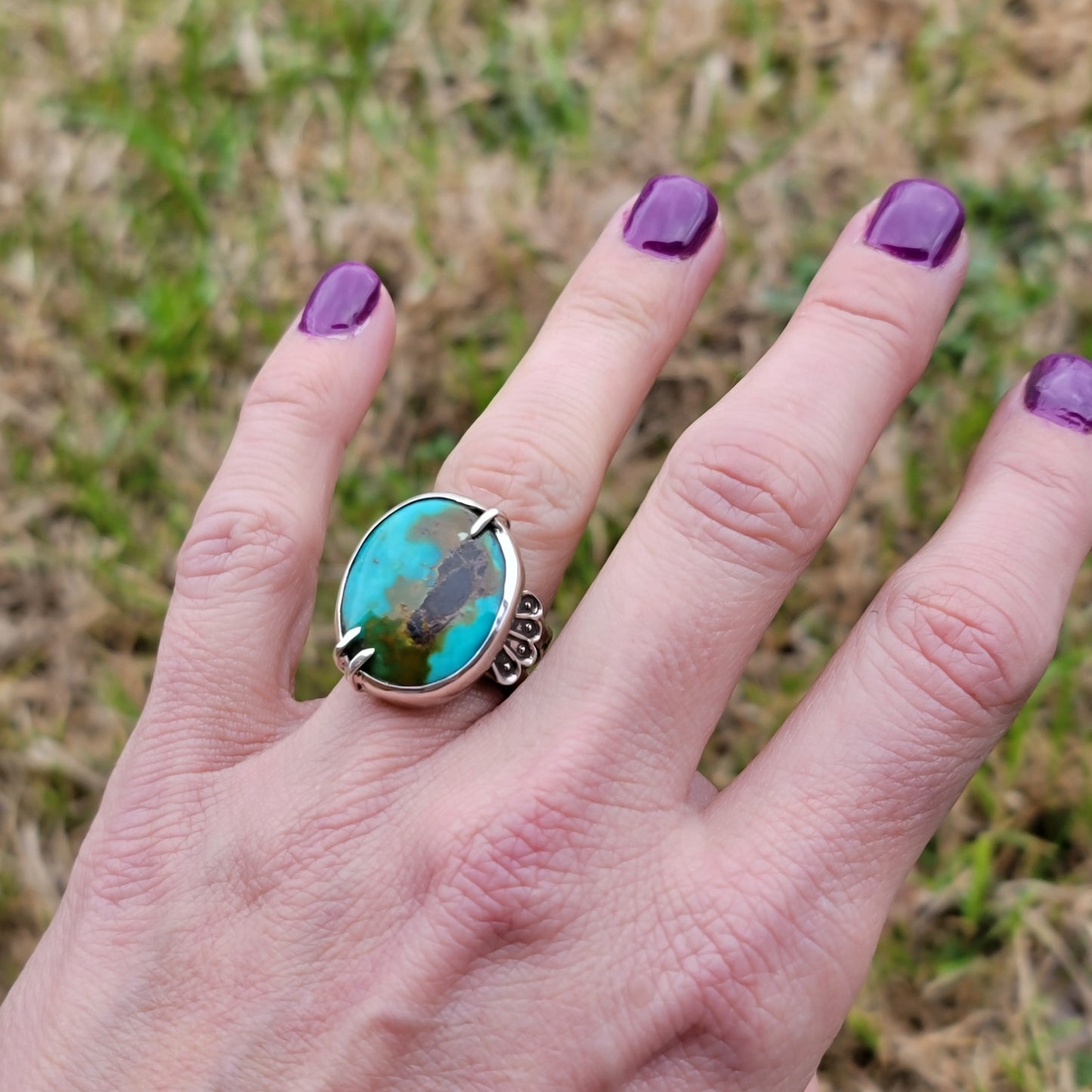 Sz. 6.25 Royston Turquoise and Wide Double Stamped Band Ring