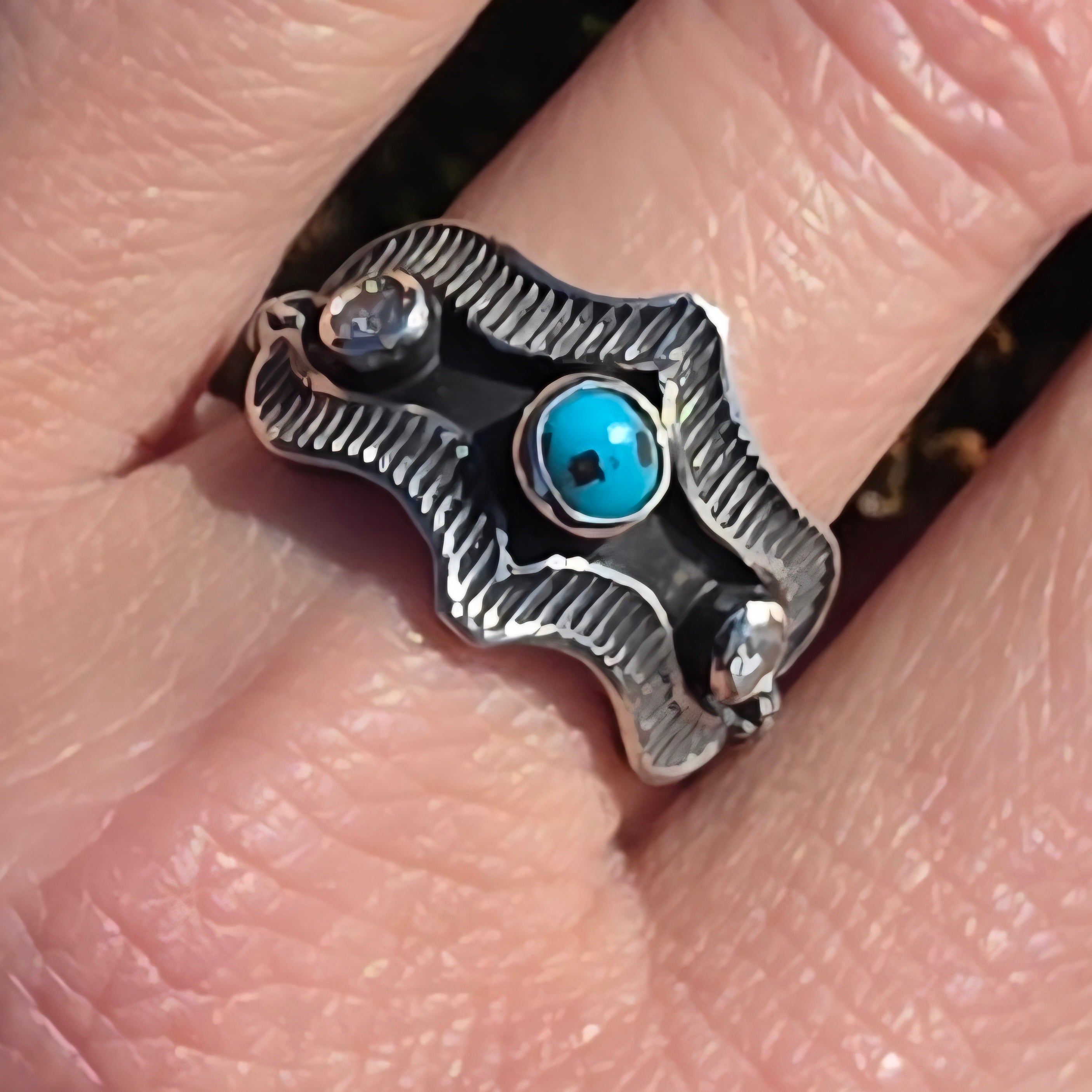 Turquoise Nugget, Diamond  and Stamped Sterling Ring Sz. 7.75