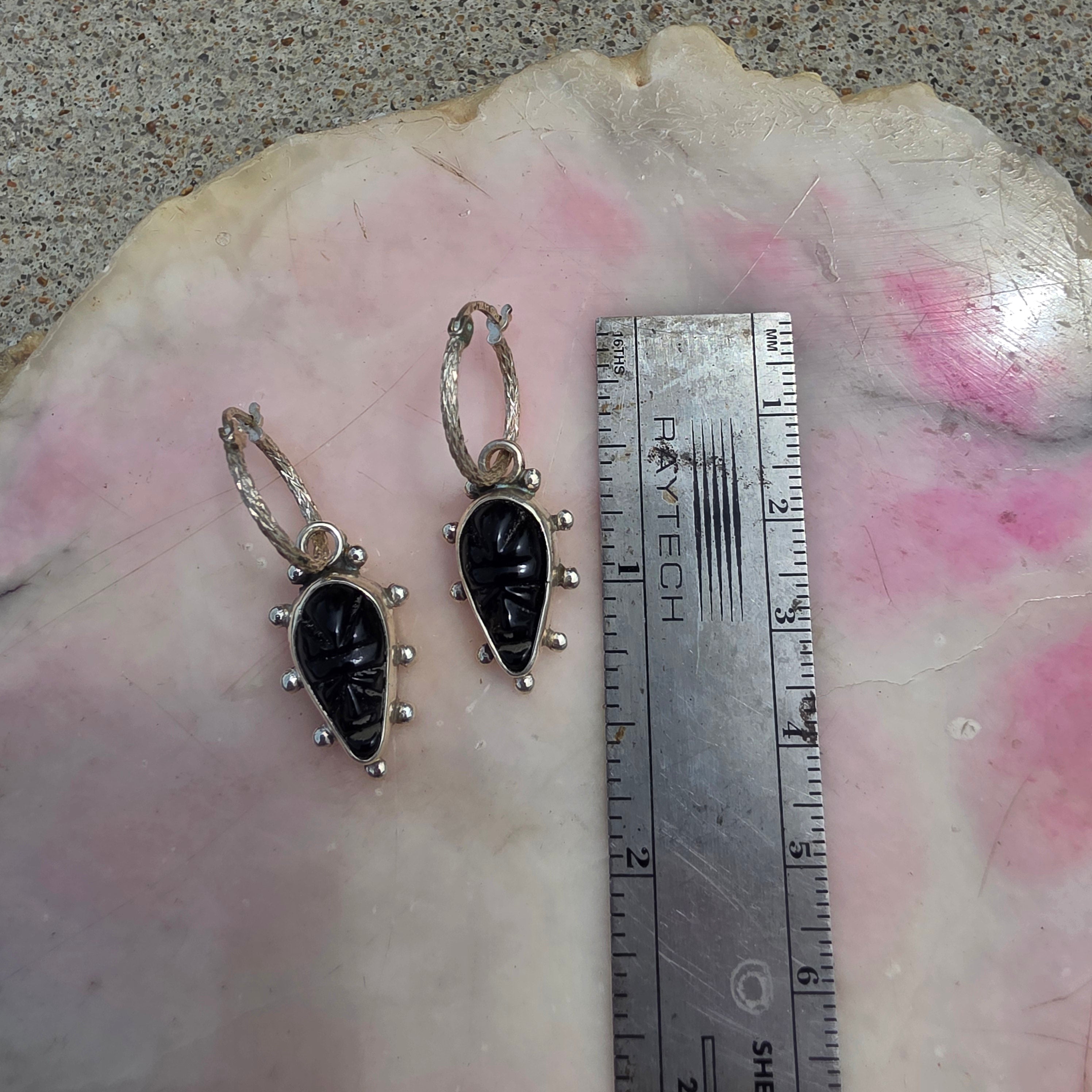 Carved Onyx Mask charm earrings with Bead details