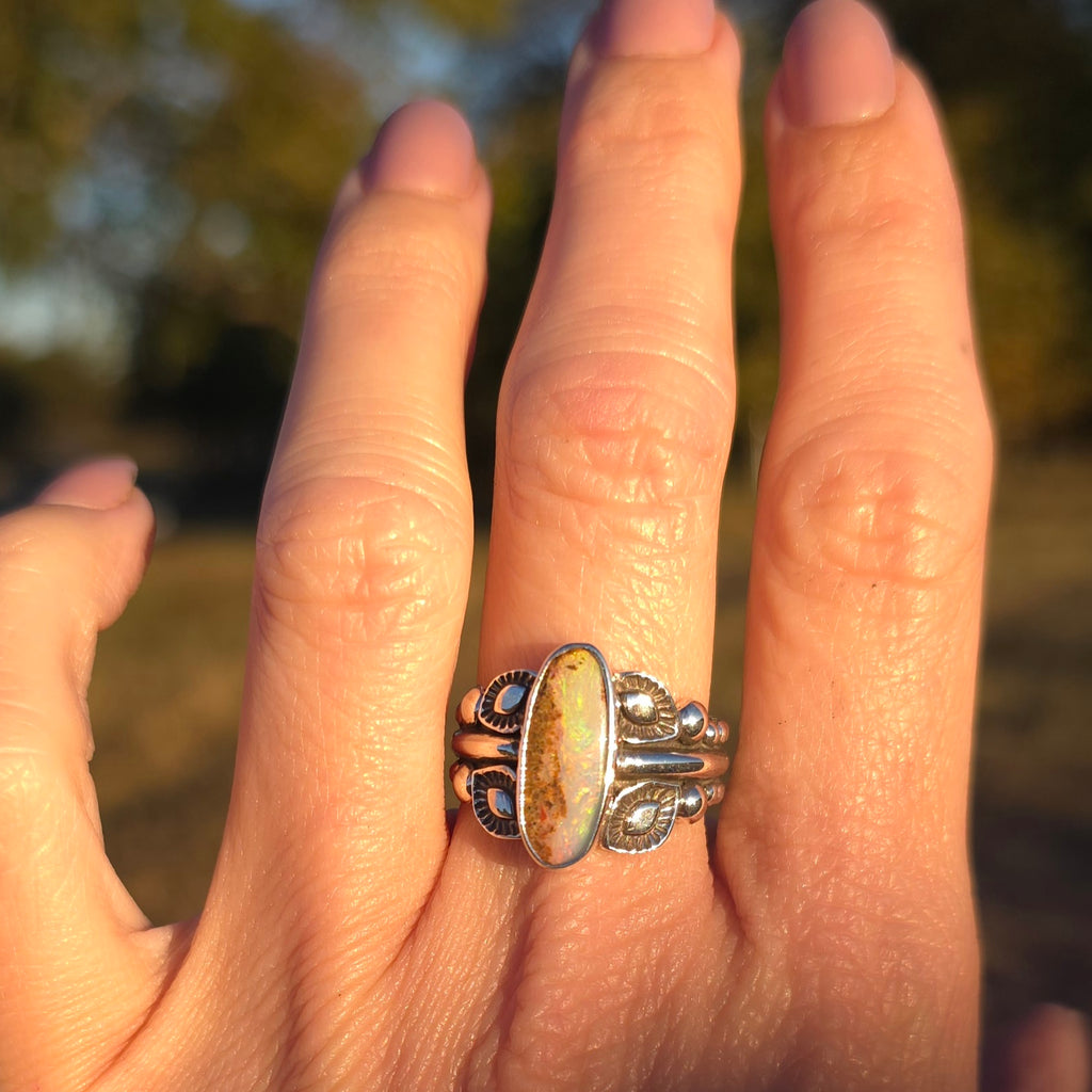 Sz. 7.5 Australian Opal Ring with Unique Handmade Stamped Band