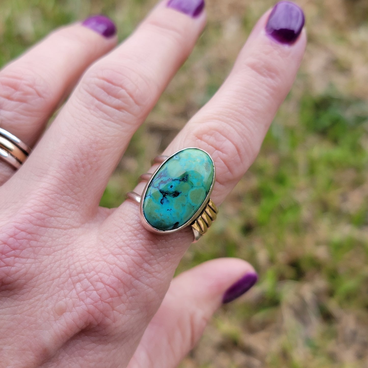 Sz. 7.5 Hubei Turquoise and Wide Triple Band Ring with Stamped Brass Accent