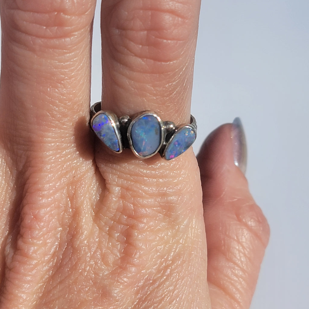 Sz 10.25 Australian Opal Triple Stone Crown Ring