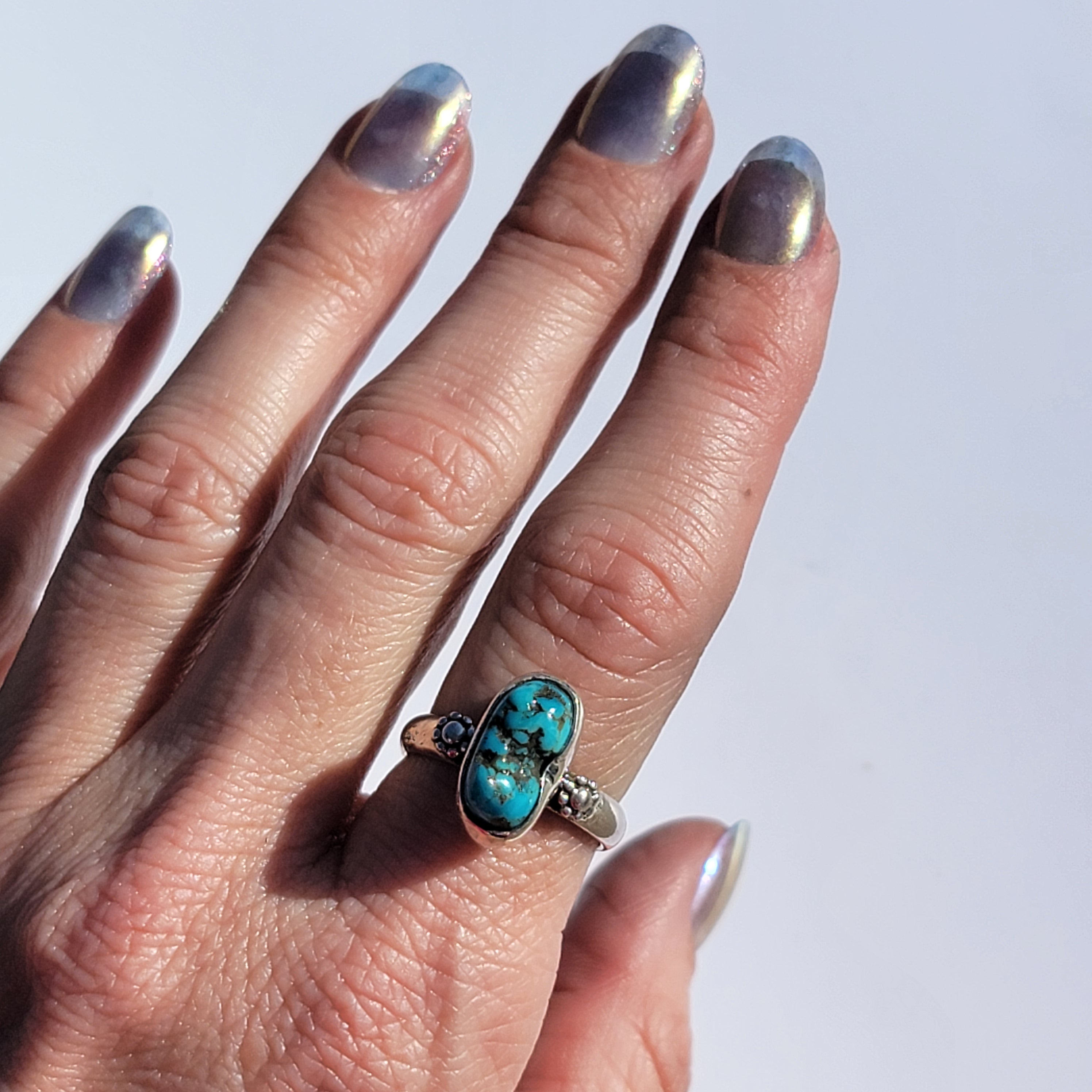 Sz. 8 Turquoise Nugget and Stamped Details Sterling Ring