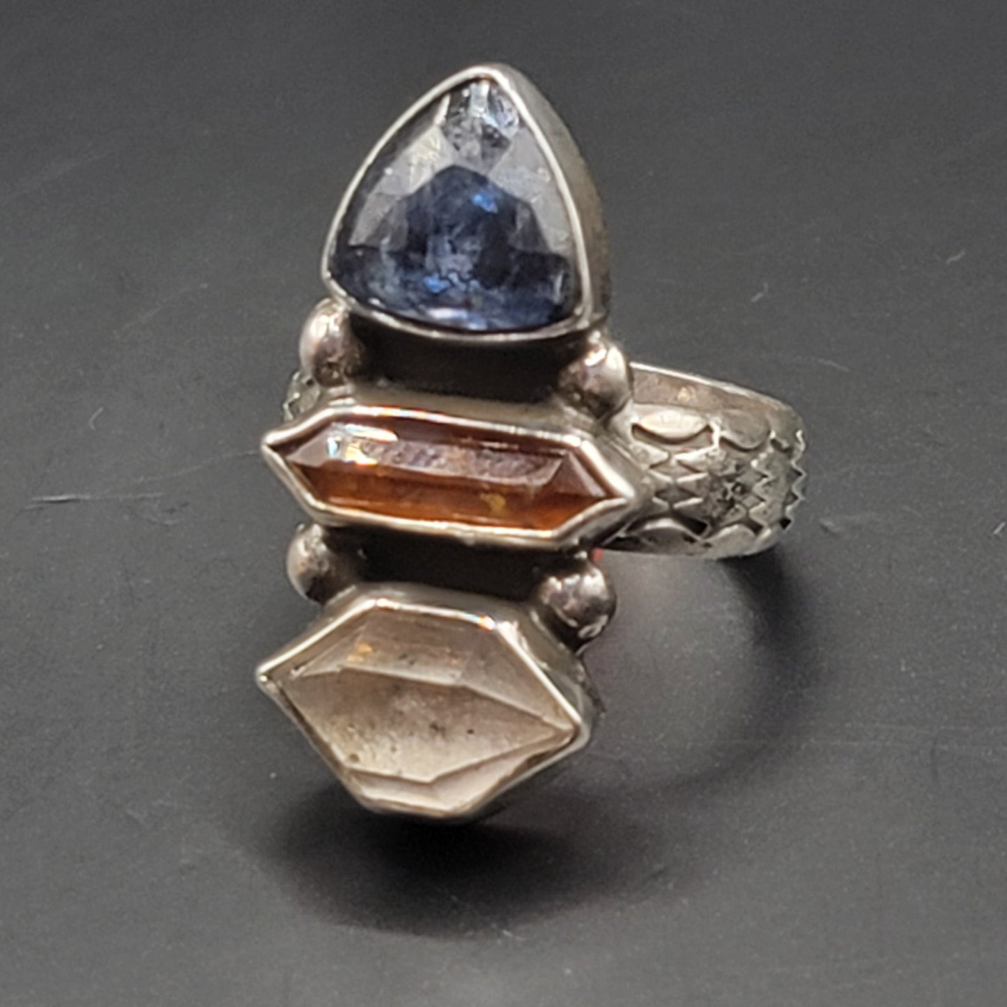 Rosecut Orange and Blue Kyanite, Herkimer Diamond and Wide Stamped Band Ring Size 8