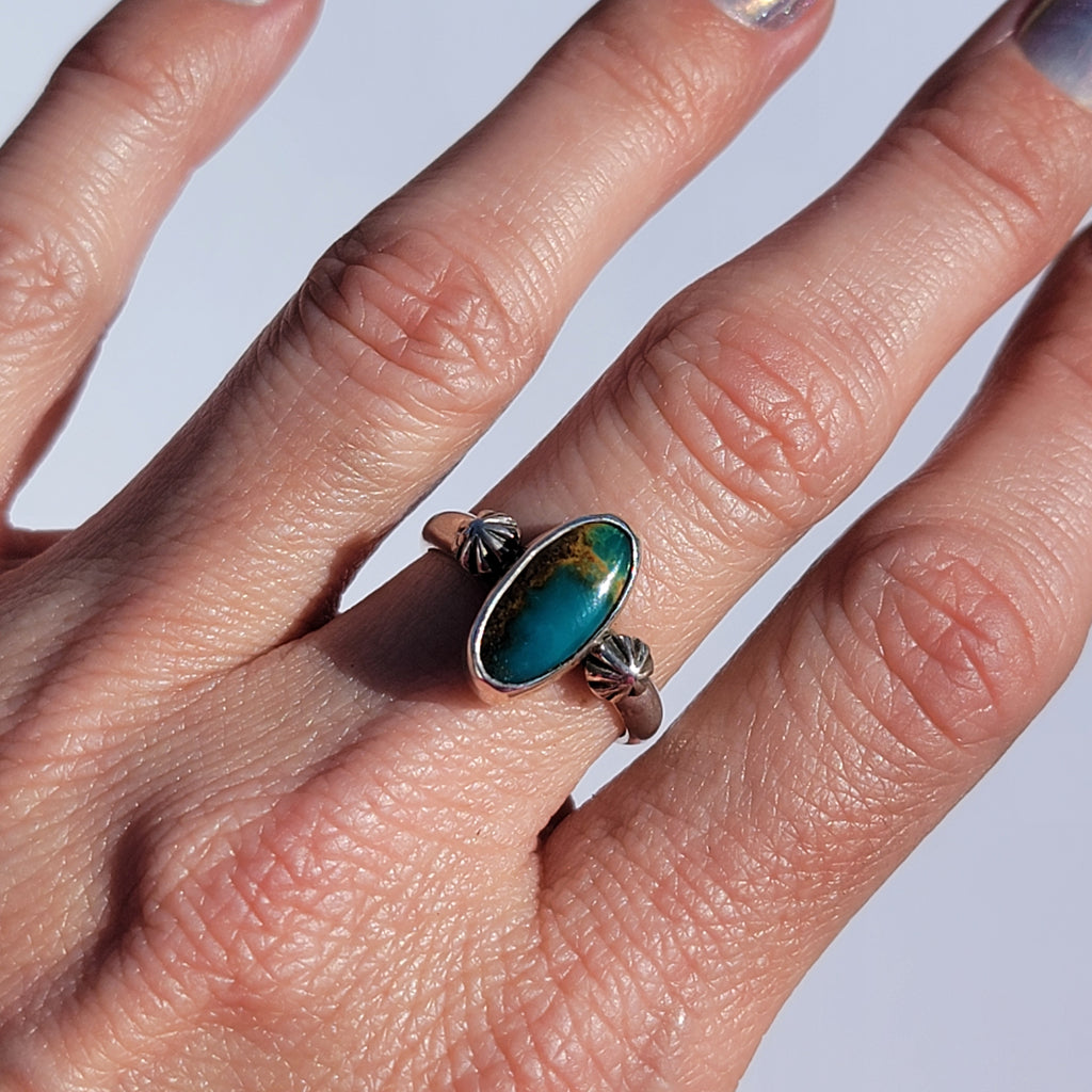 Sz. 8.25  Royston Turquoise and Stamped Details Sterling Ring
