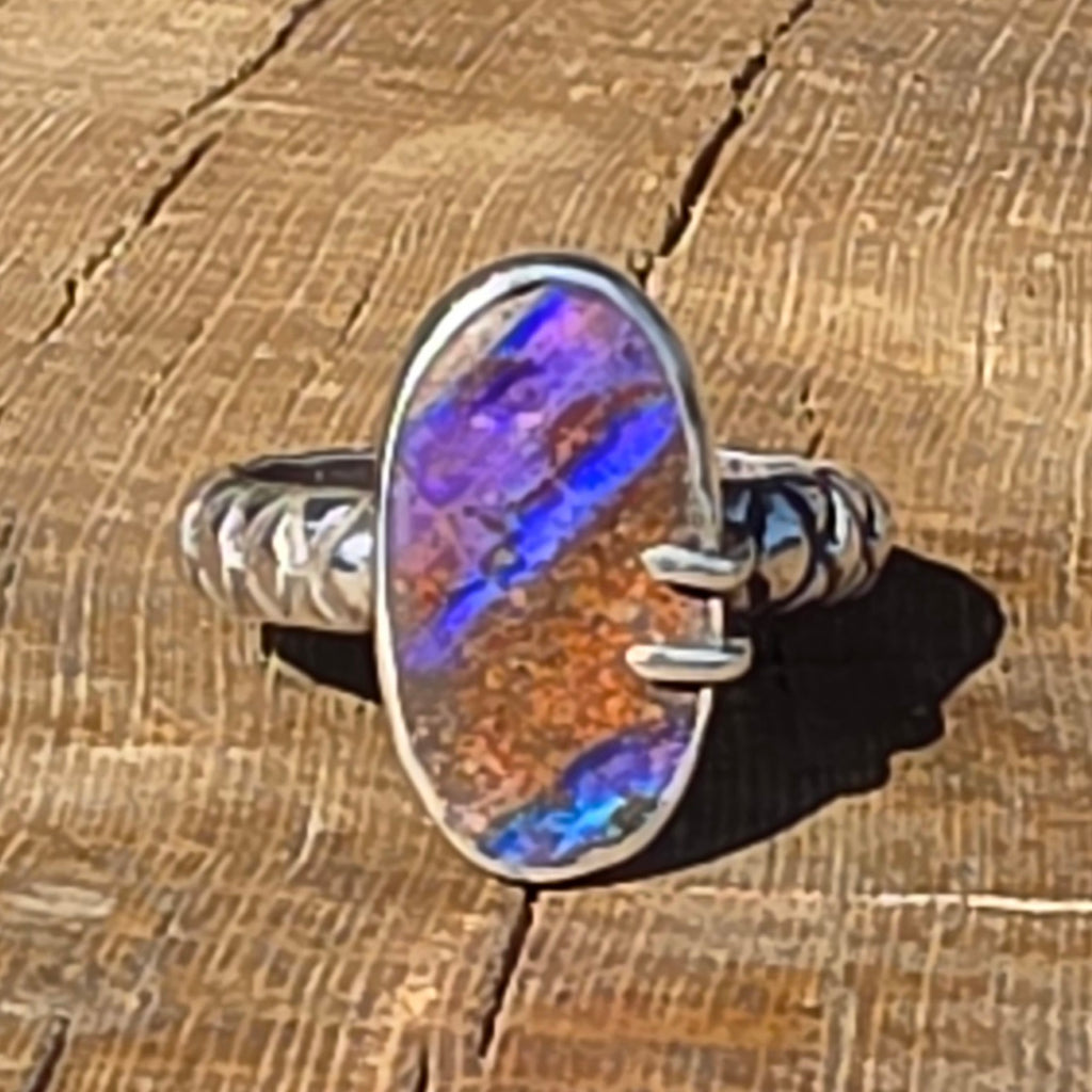 Sz. 8 Australian Boulder Opal and Stamped Band Ring