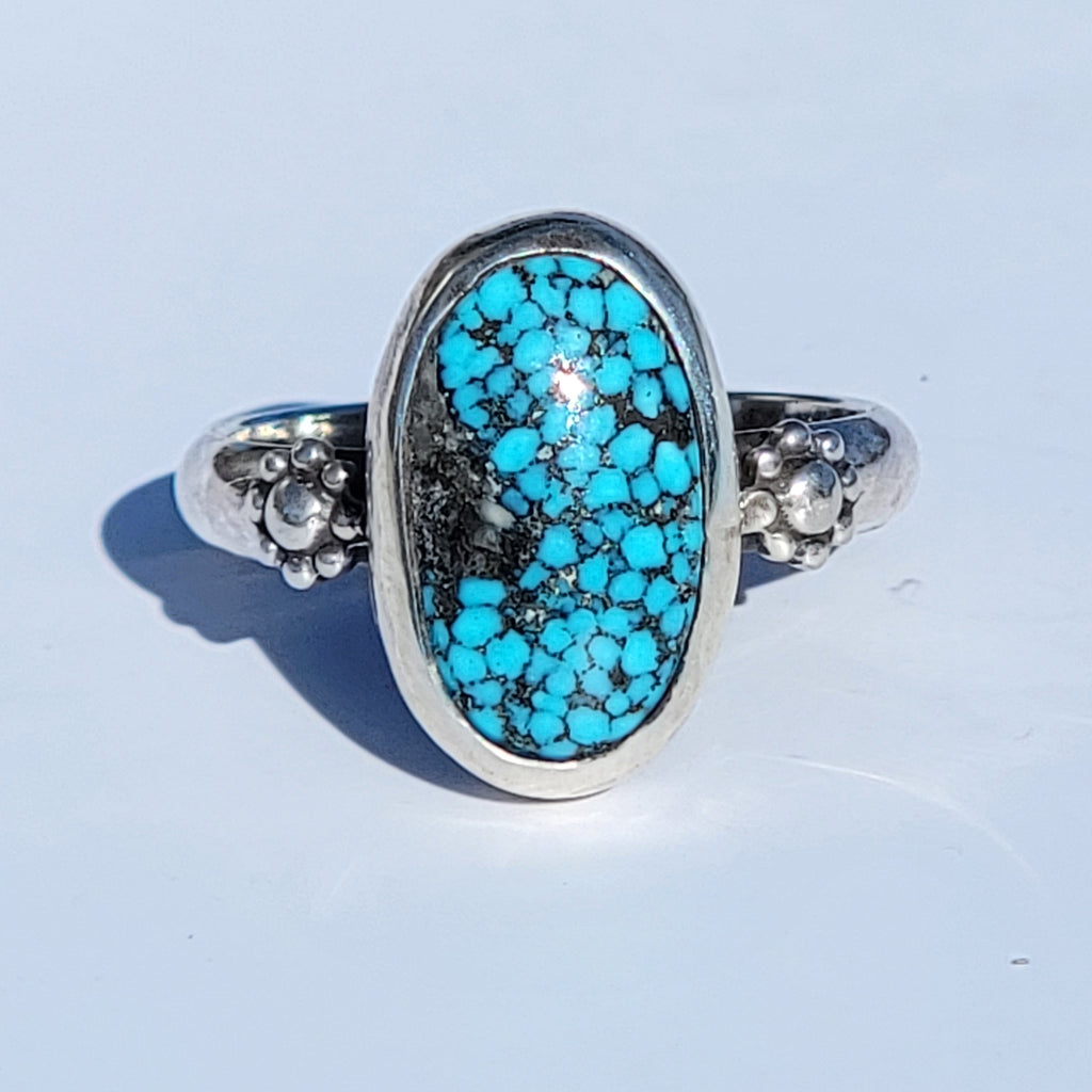 Sz. 7 Kingman Web Turquoise and Stamped Details Sterling Ring