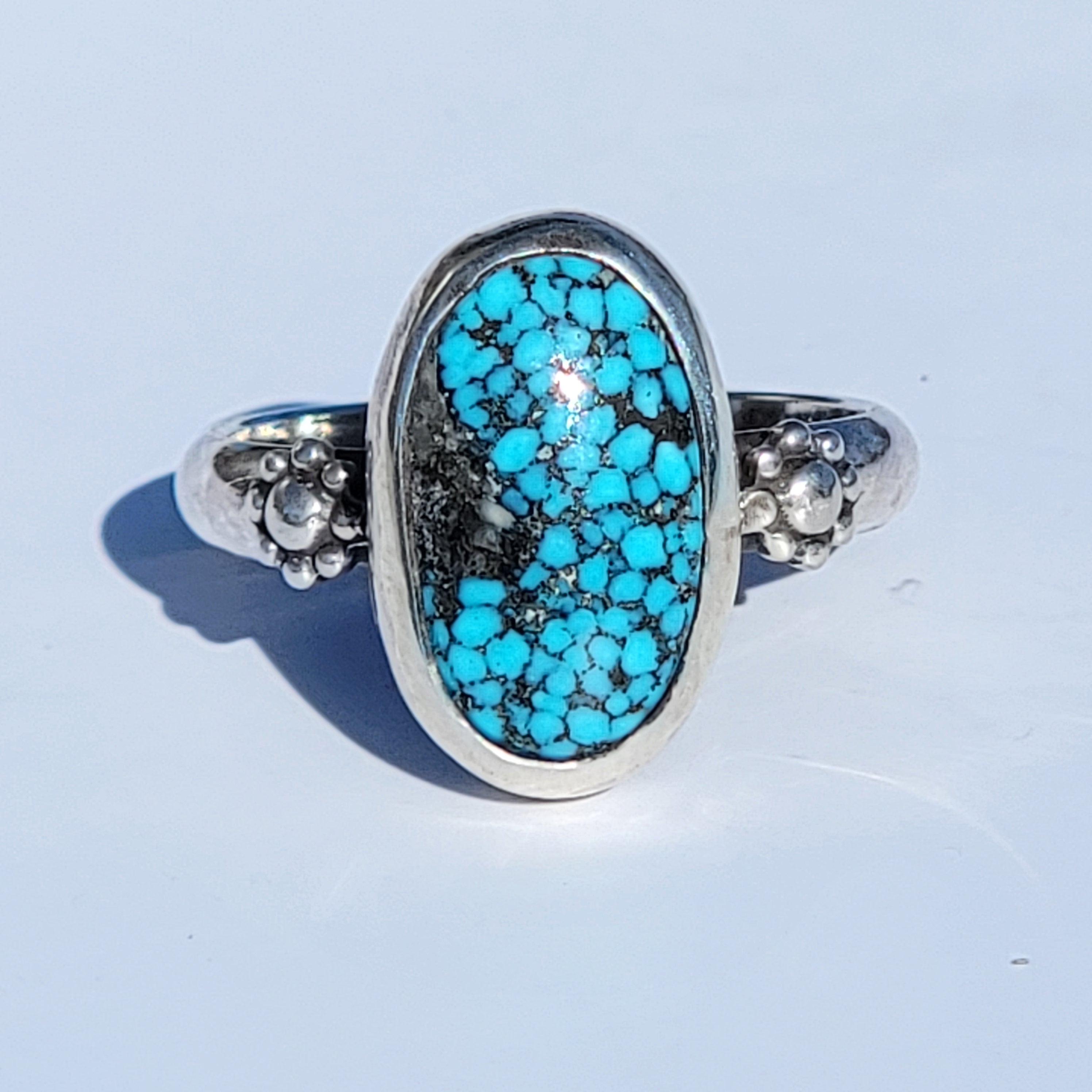 Sz. 7 Kingman Web Turquoise and Stamped Details Sterling Ring