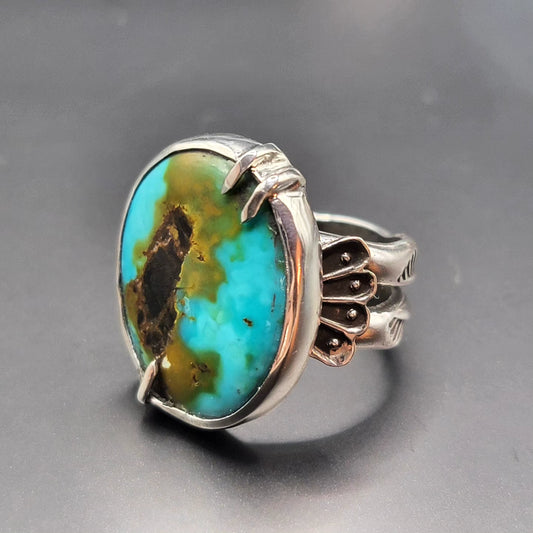 Sz. 6.25 Royston Turquoise and Wide Double Stamped Band Ring