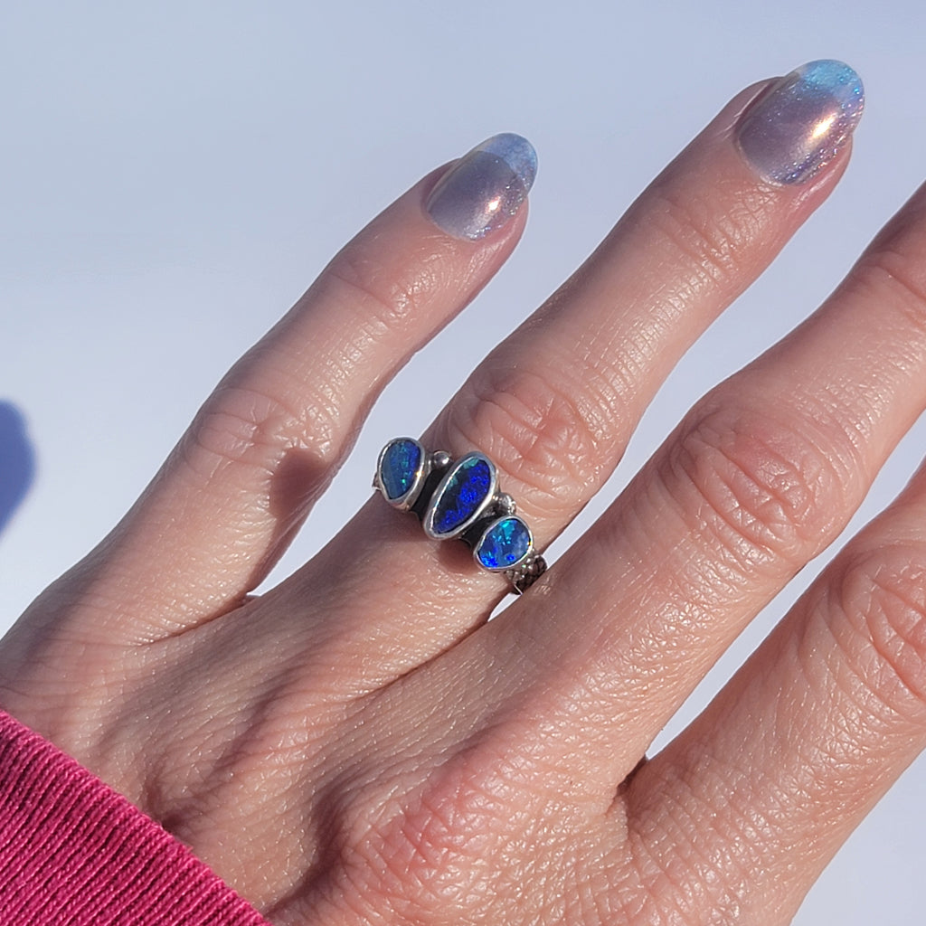 Sz. 7 Australian Opal Triple Stone Crown Ring