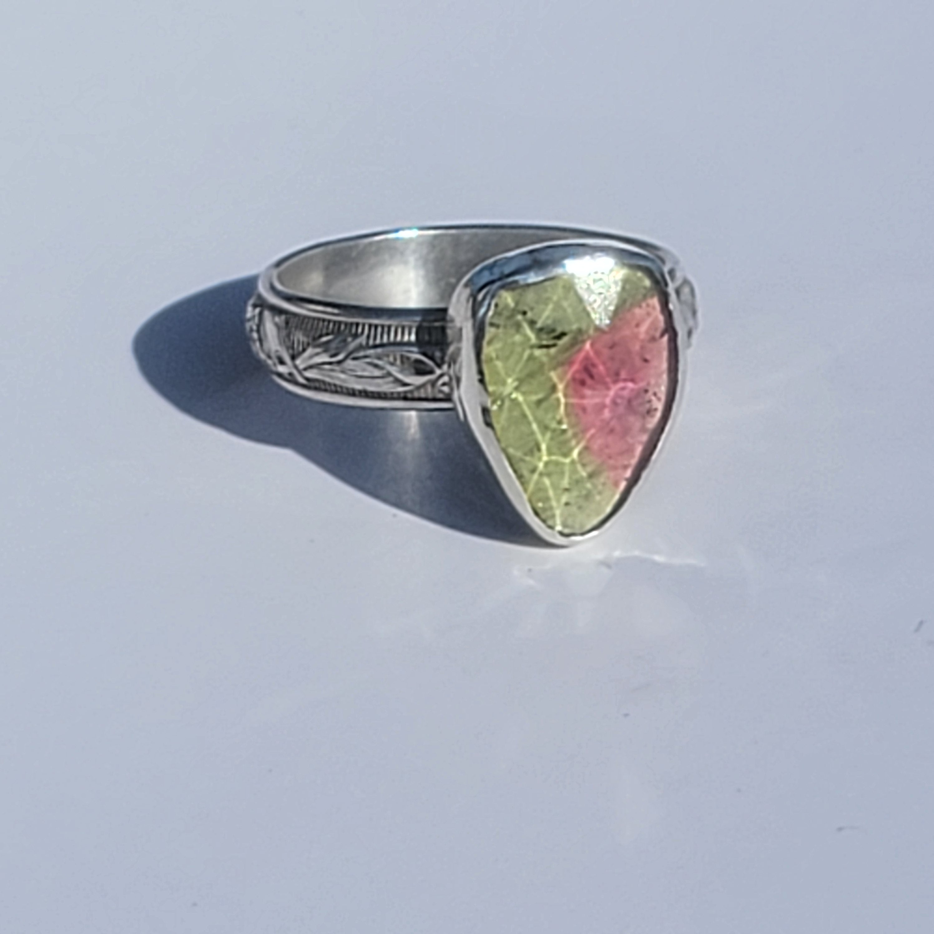 Sz. 8 Watermelon Tourmaline Ring with floral band