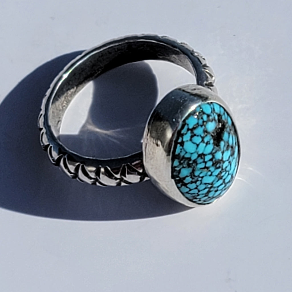 Sz. 7  Kingman Black Web Turquoise and Stamped Details Sterling Ring
