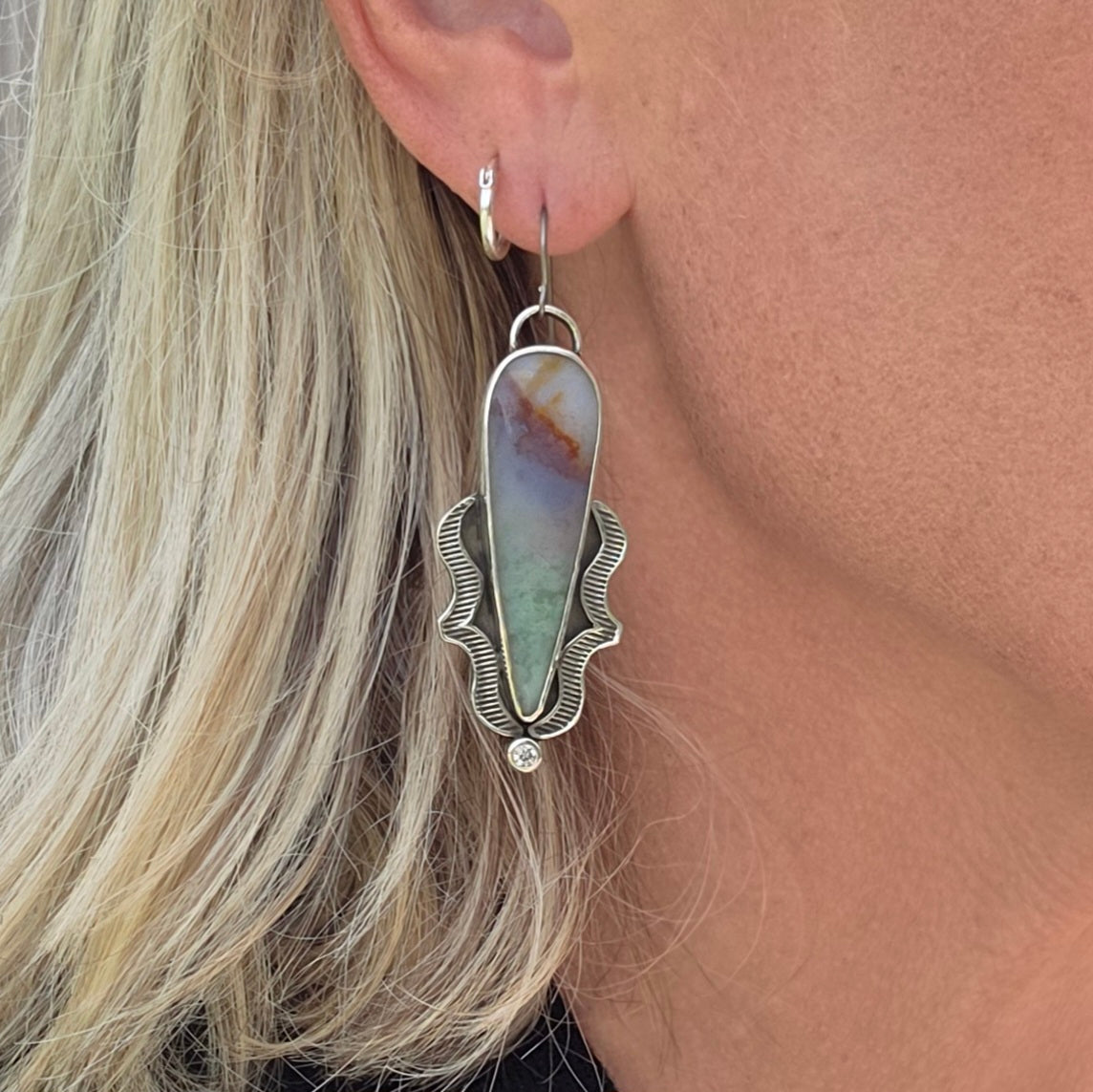 Blue Opalized Wood and Sterling Earrings
