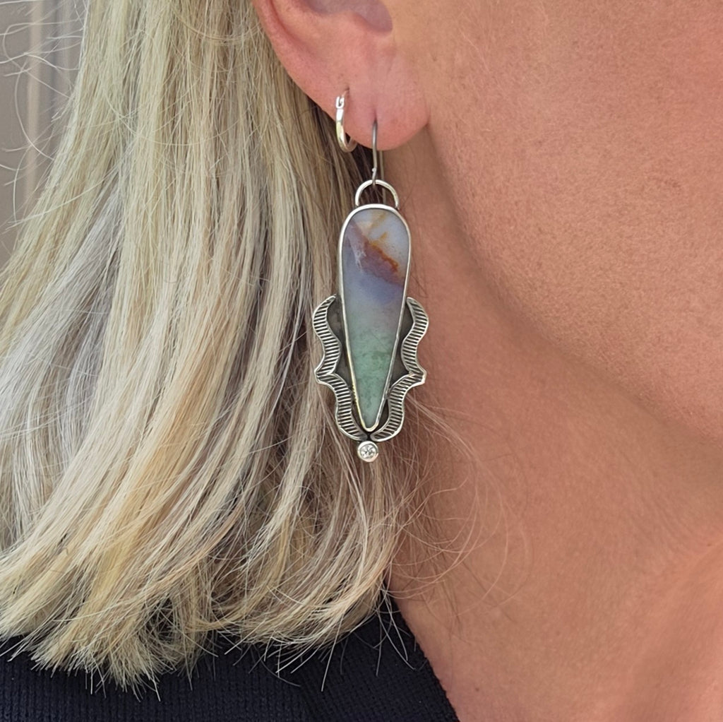 Blue Opalized Wood and Sterling Earrings