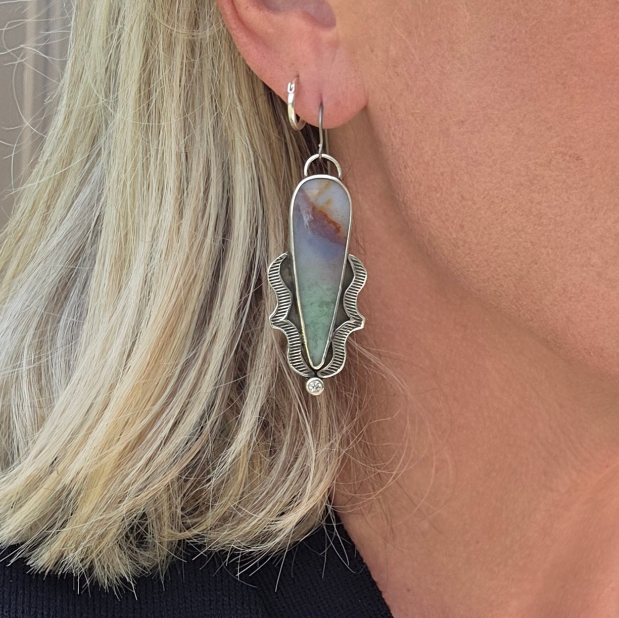 Blue Opalized Wood and Sterling Earrings