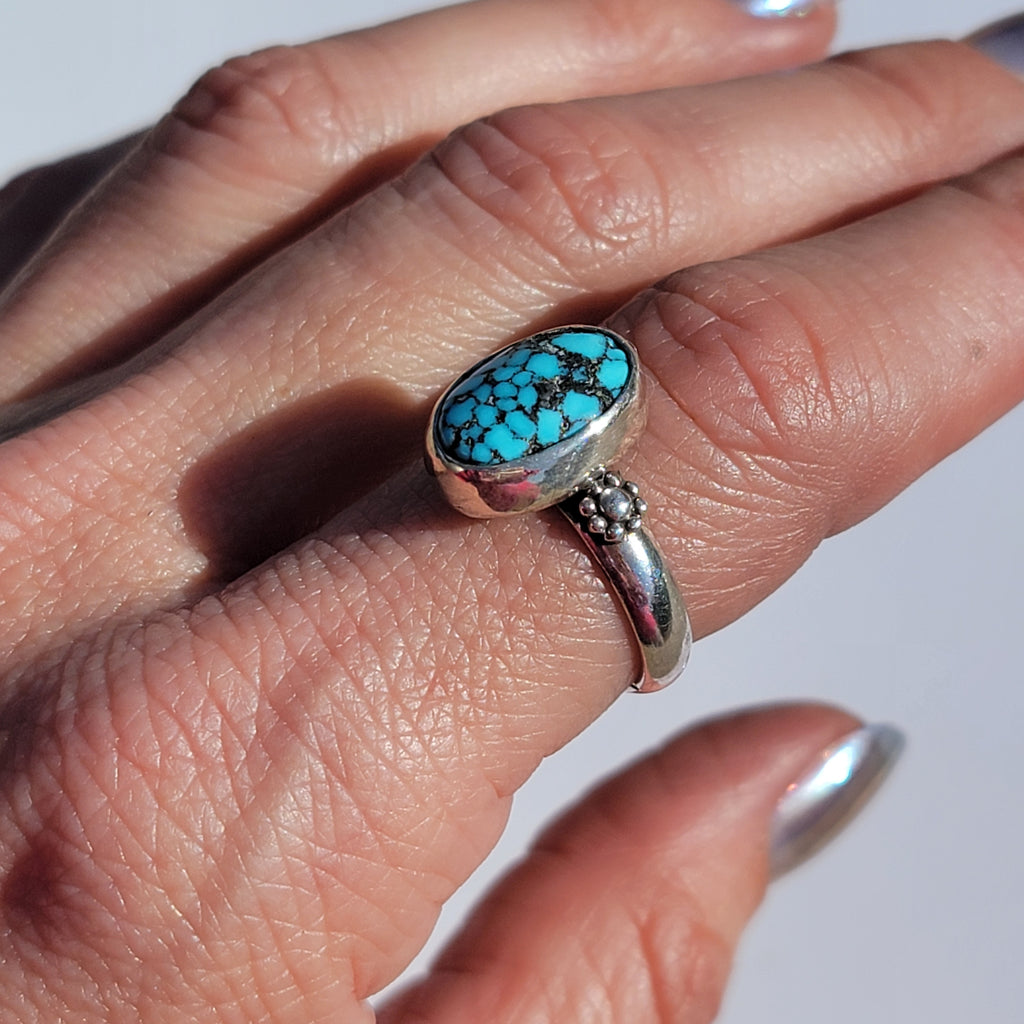 Sz. 8 Kingman Web Turquoise and Stamped Details Sterling Ring