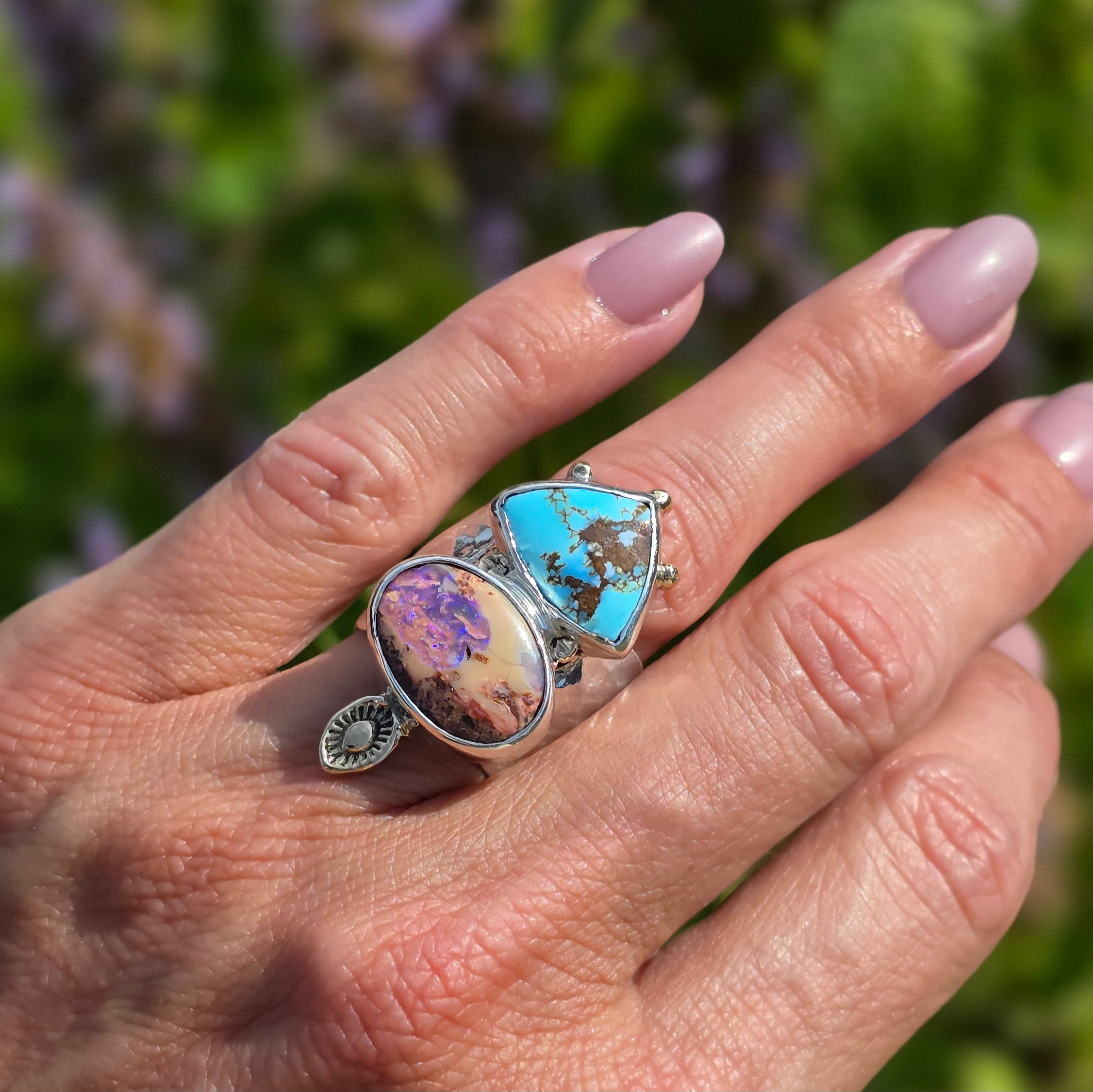 Sz. 6 Australian Boulder Opal and Golden Hills Turquoise Ring