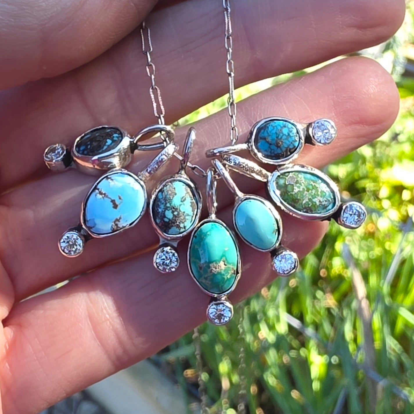 #1 Kingman Black Web Tiny Turquoise and CZ Pendant